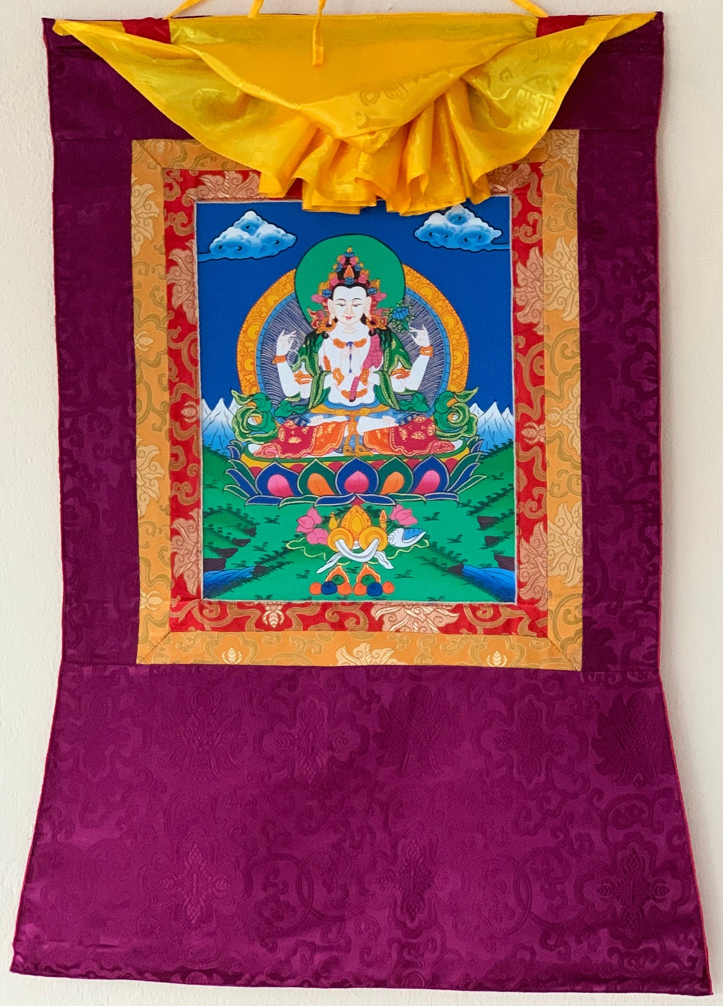 Chyangresi/Chenrezig/ Avalokiteshvara, Bodhisattva of Compassion, Original Tibetan Thangka/ Thanka Art/ Hand Painting with Silk Brocade