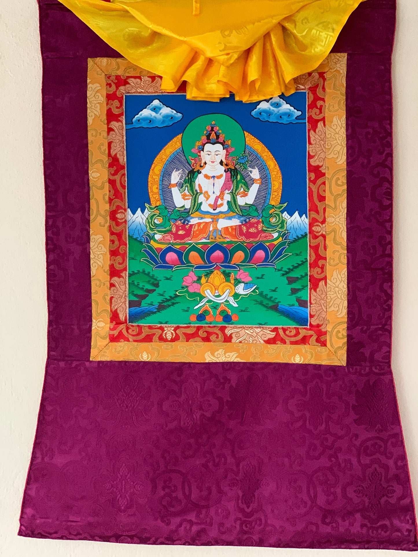 Chyangresi/Chenrezig/ Avalokiteshvara, Bodhisattva of Compassion, Original Tibetan Thangka/ Thanka Art/ Hand Painting with Silk Brocade