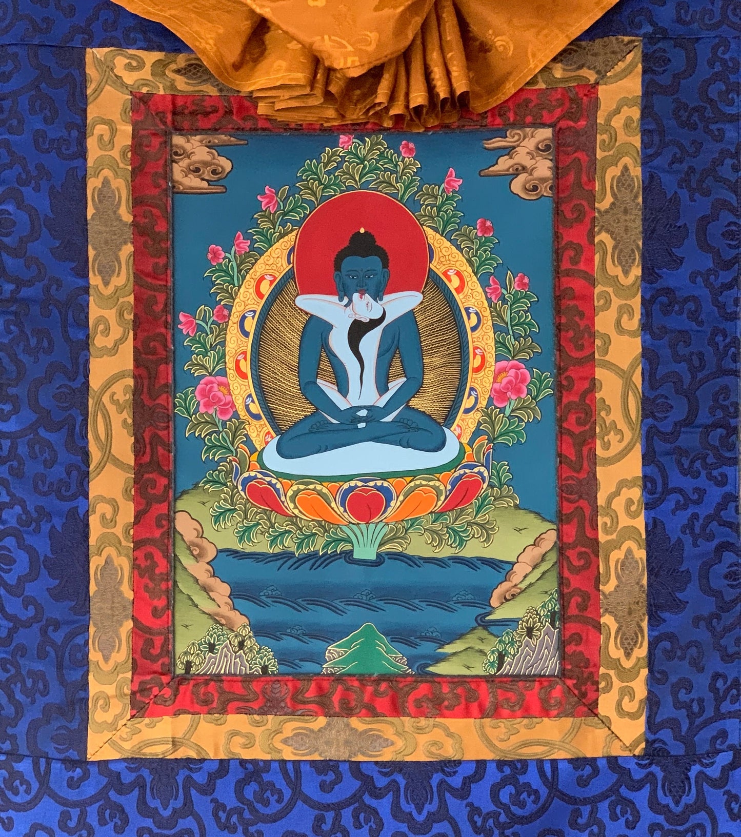 Hand Painted Buddha Shakti, Samantabhadra, Tibetan Thangka Painting, Original Art with Silk Brocade (Frame)