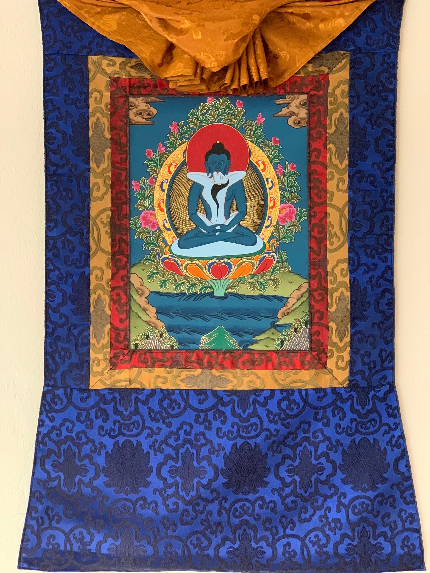 Hand Painted Buddha Shakti, Samantabhadra, Tibetan Thangka Painting, Original Art with Silk Brocade (Frame)