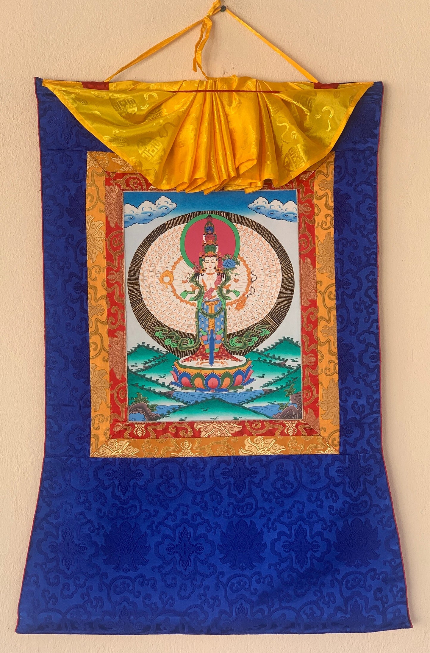 1000 Armed Avalokitesvara, Chyangresi, Chenrezig, Tibetan Thangka Painting, Original Art, with Silk Frame