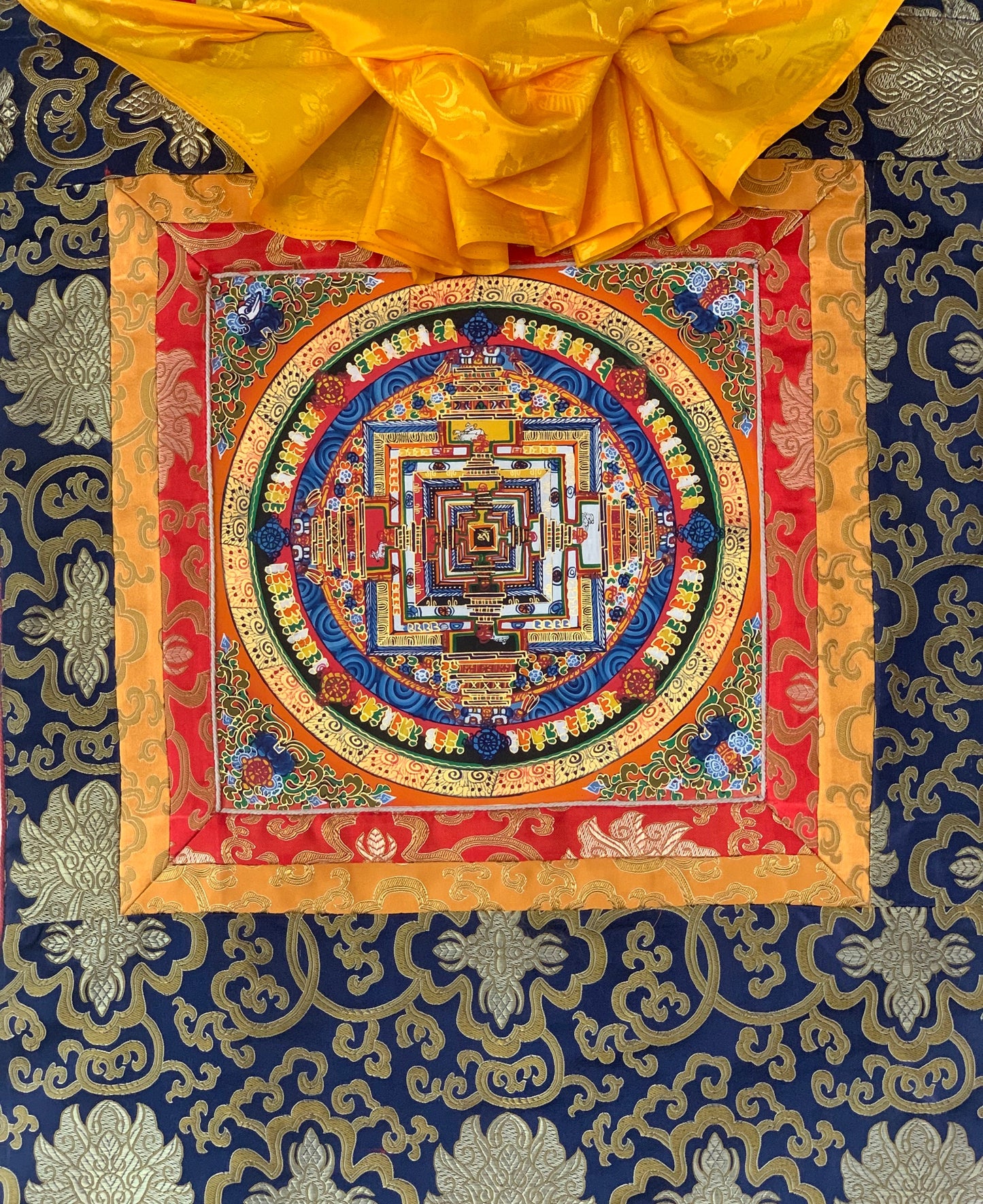 Kalachakra Mandala Wheel of Life Tibetan Thangka Painting Original Buddhist Art  with Silk Brocade