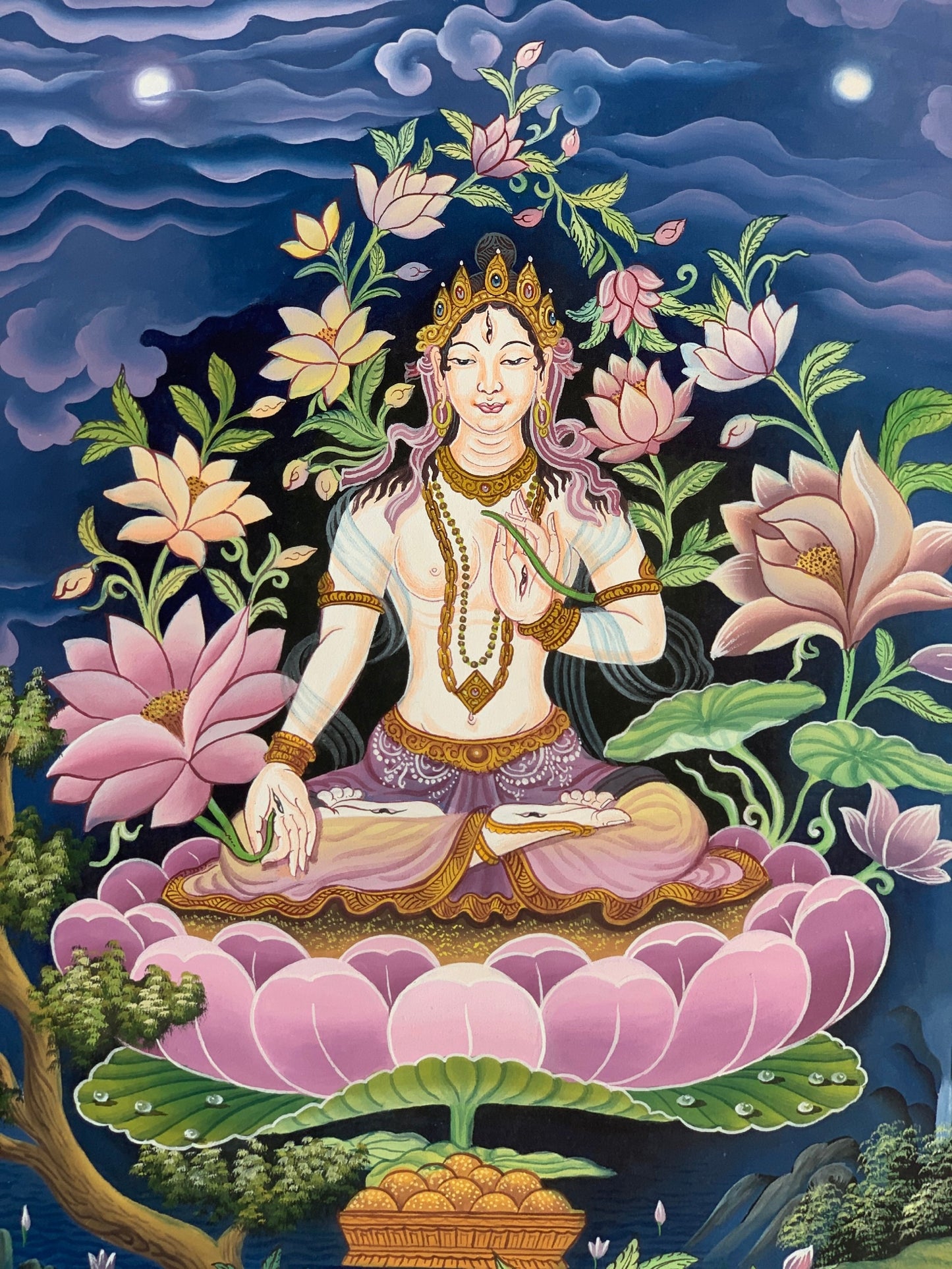 White Tara, Sitatara, Mother Goddess, Newari, Pauba, Thangka  Painting, Original Art  15 x 20 Inch