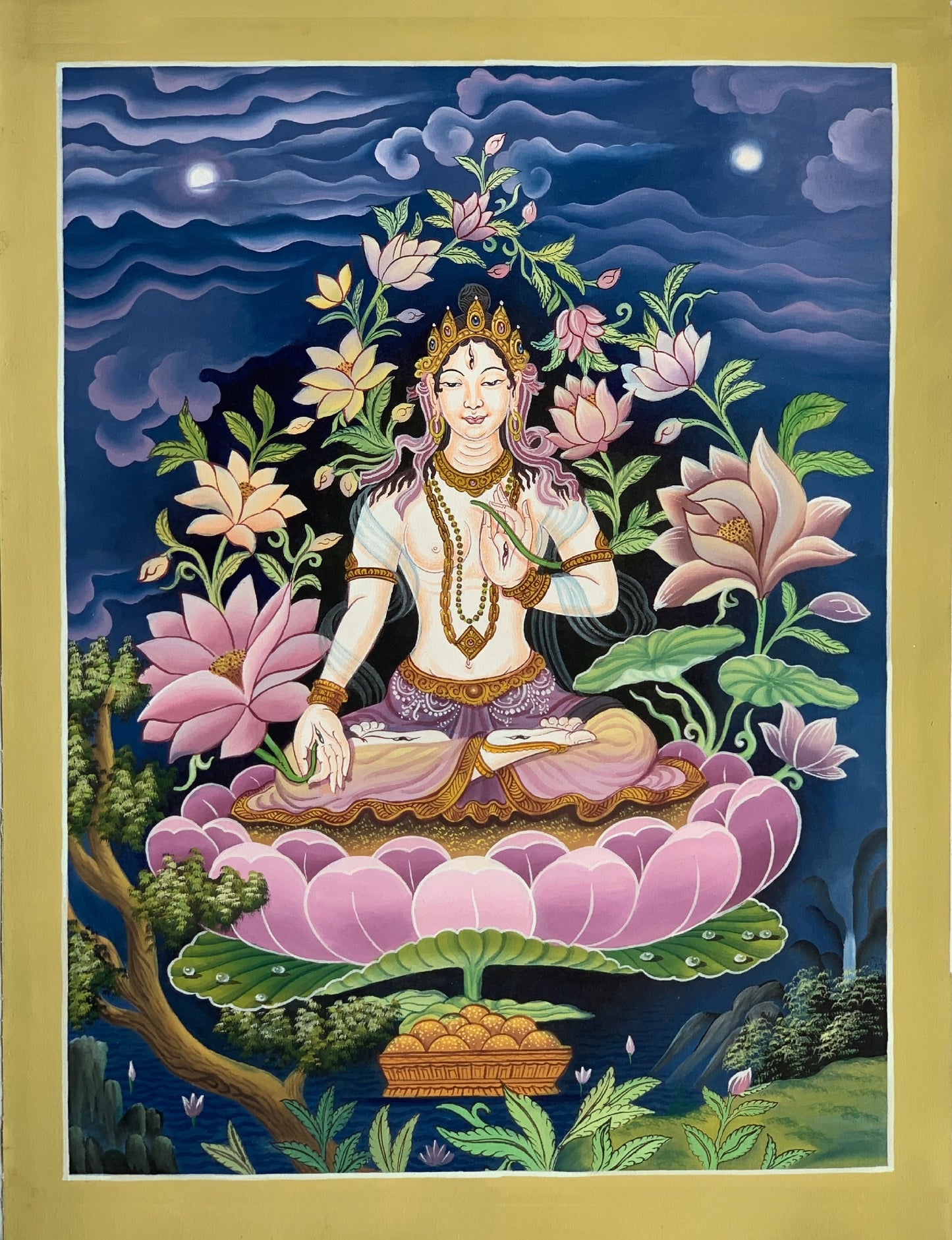 White Tara, Sitatara, Mother Goddess, Newari, Pauba, Thangka  Painting, Original Art  15 x 20 Inch