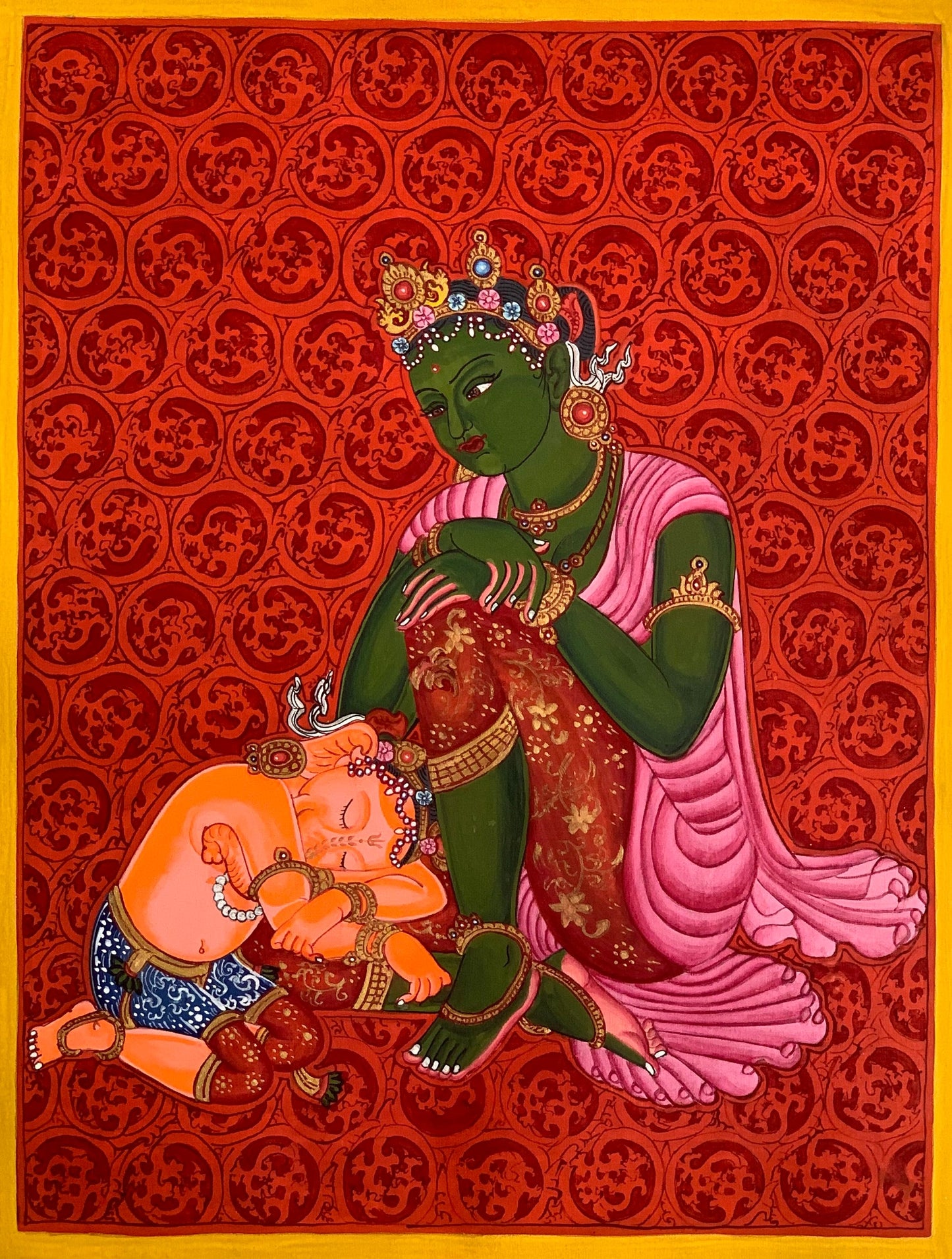 Mother Parvati with Ganesha Original Masterpiece Newari Paubha/ Thangka Painting Hindu Buddhist Art