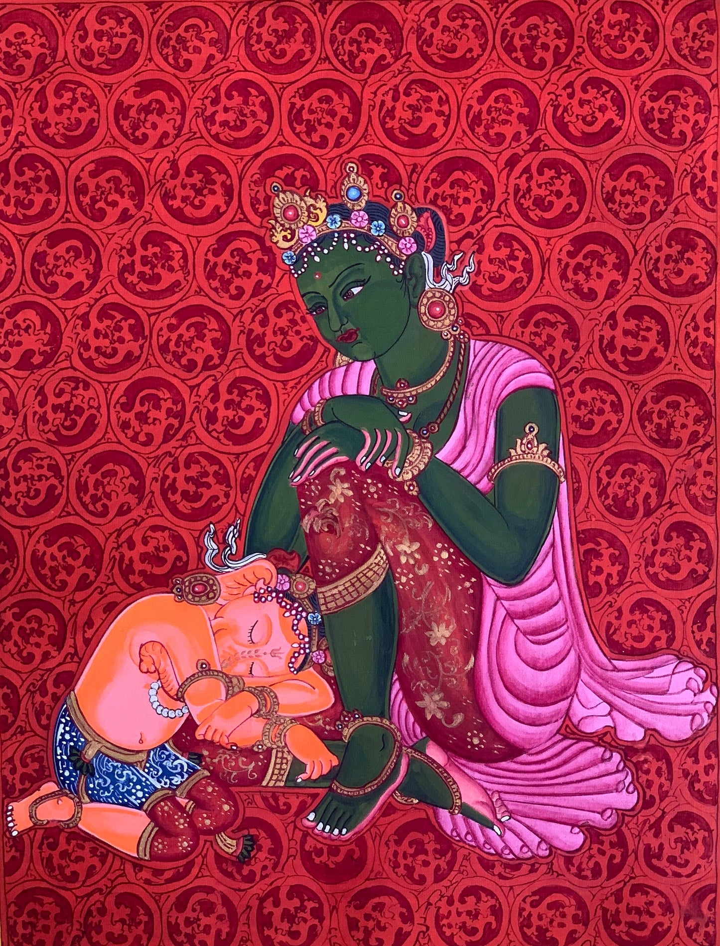 Mother Parvati with Ganesha Original Masterpiece Newari Paubha/ Thangka Painting Hindu Buddhist Art