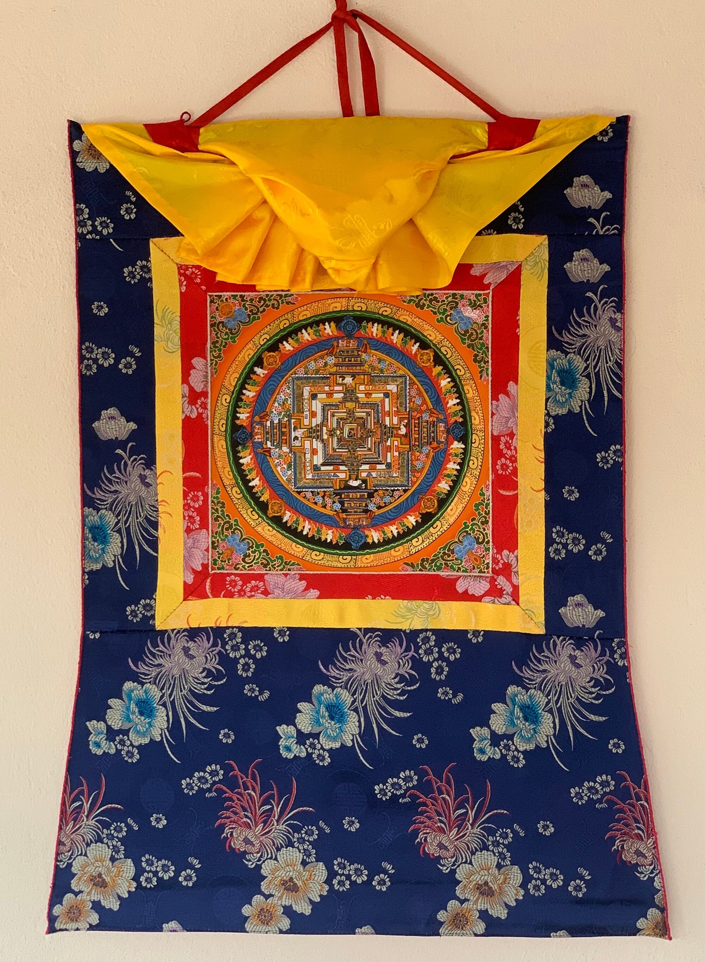 Kalachakra Mandala, Wheel of Life, Thangka Painting, Original Art, with Floral Silk Brocade