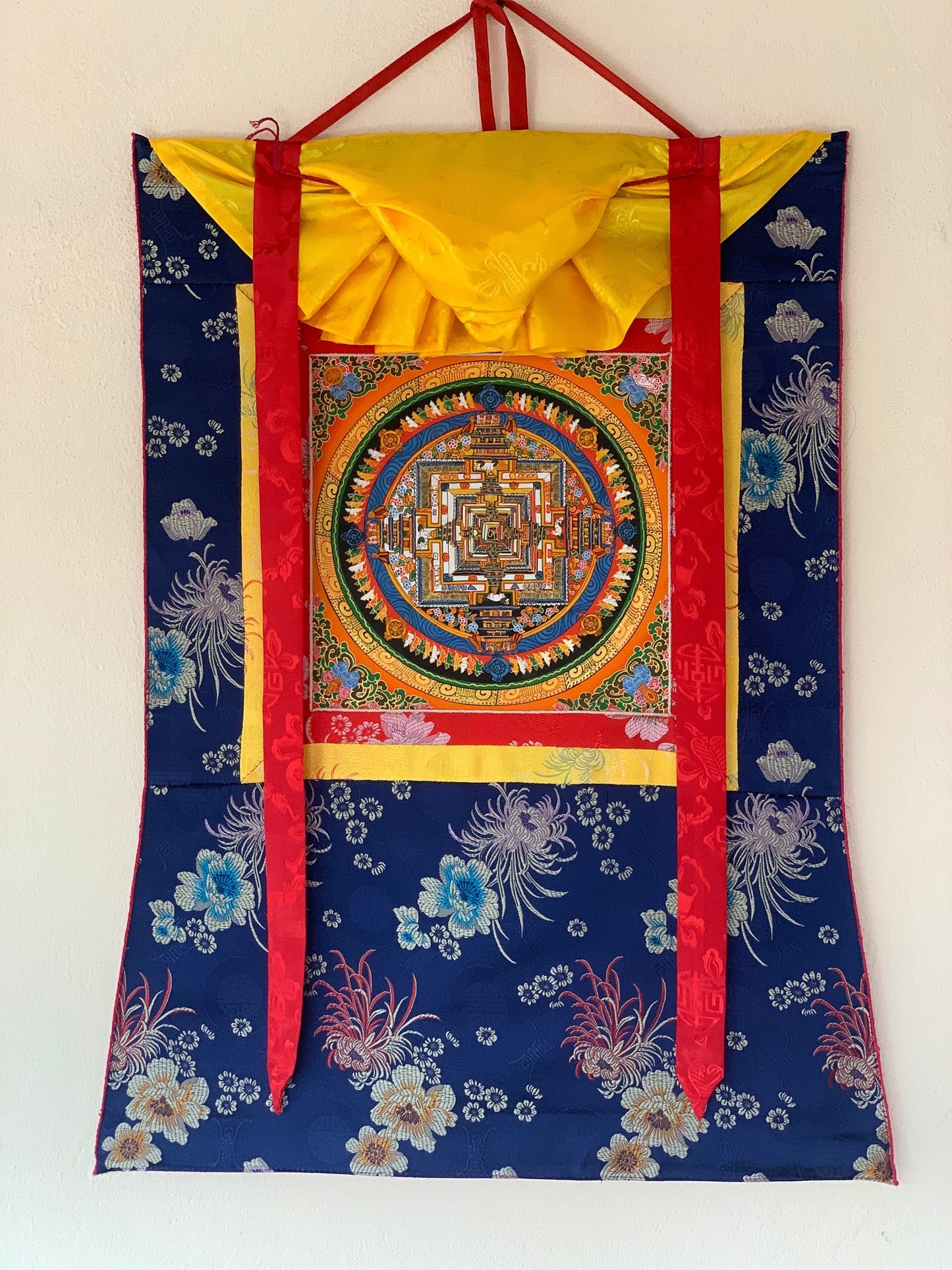 Kalachakra Mandala, Wheel of Life, Thangka Painting, Original Art, with Floral Silk Brocade