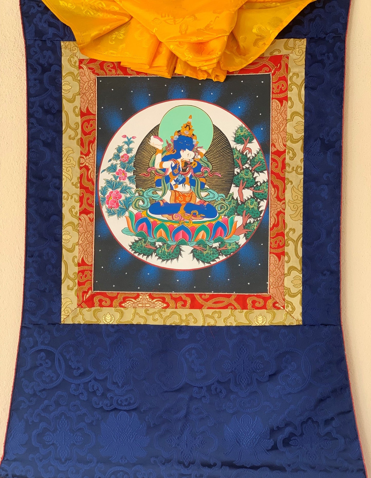 Hand Painted Vajradhara Shakti  Prajnaparamita, YabYum, Tibetan  Thangka Painting, Original Art with  Silk Brocade