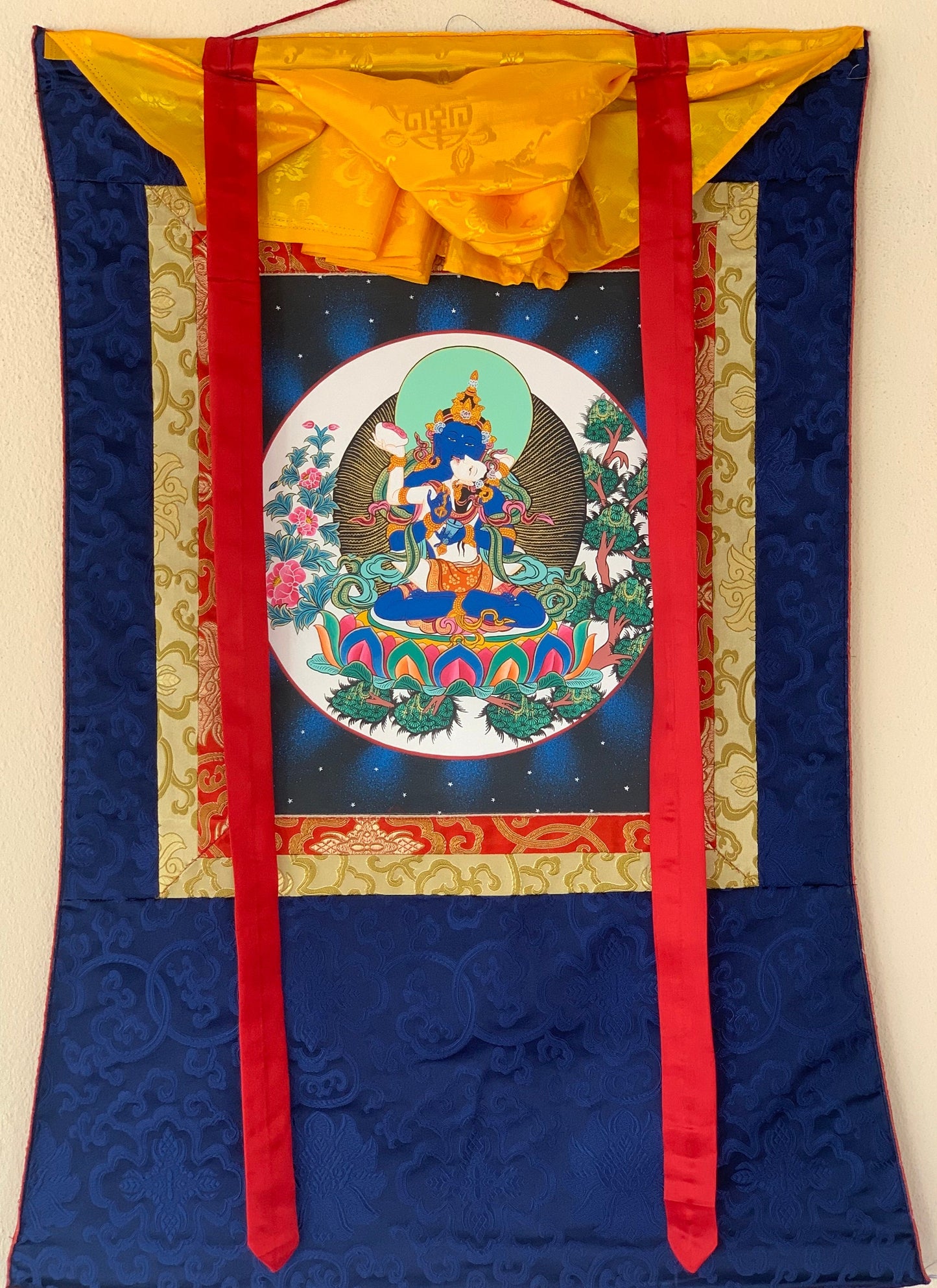 Hand Painted Vajradhara Shakti  Prajnaparamita, YabYum, Tibetan  Thangka Painting, Original Art with  Silk Brocade