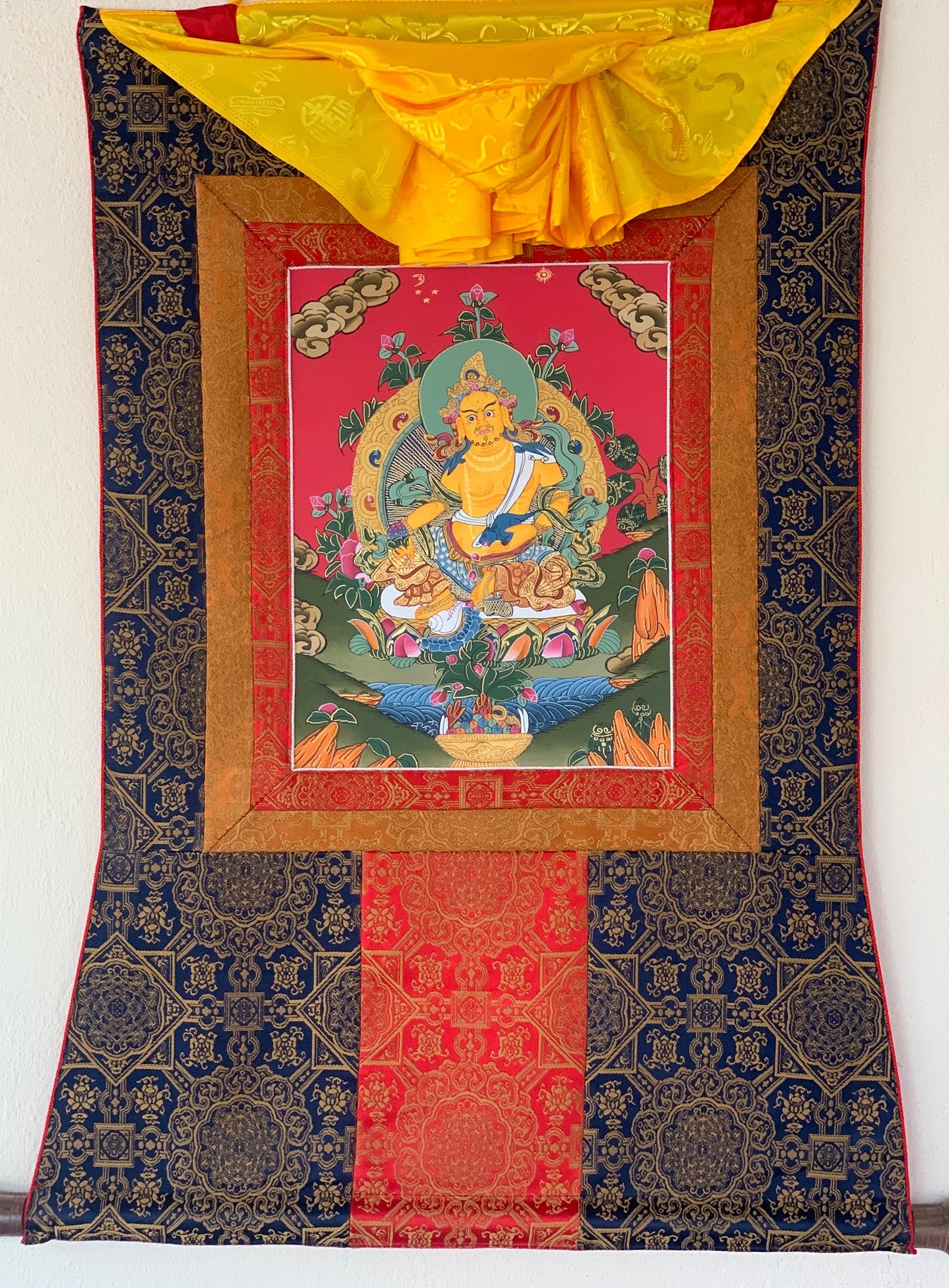 Jambhala,  Dzambhala, Dzambala, Zambala, Jambala, Tibetan Thangka Painting, Original Art  with Silk Frame