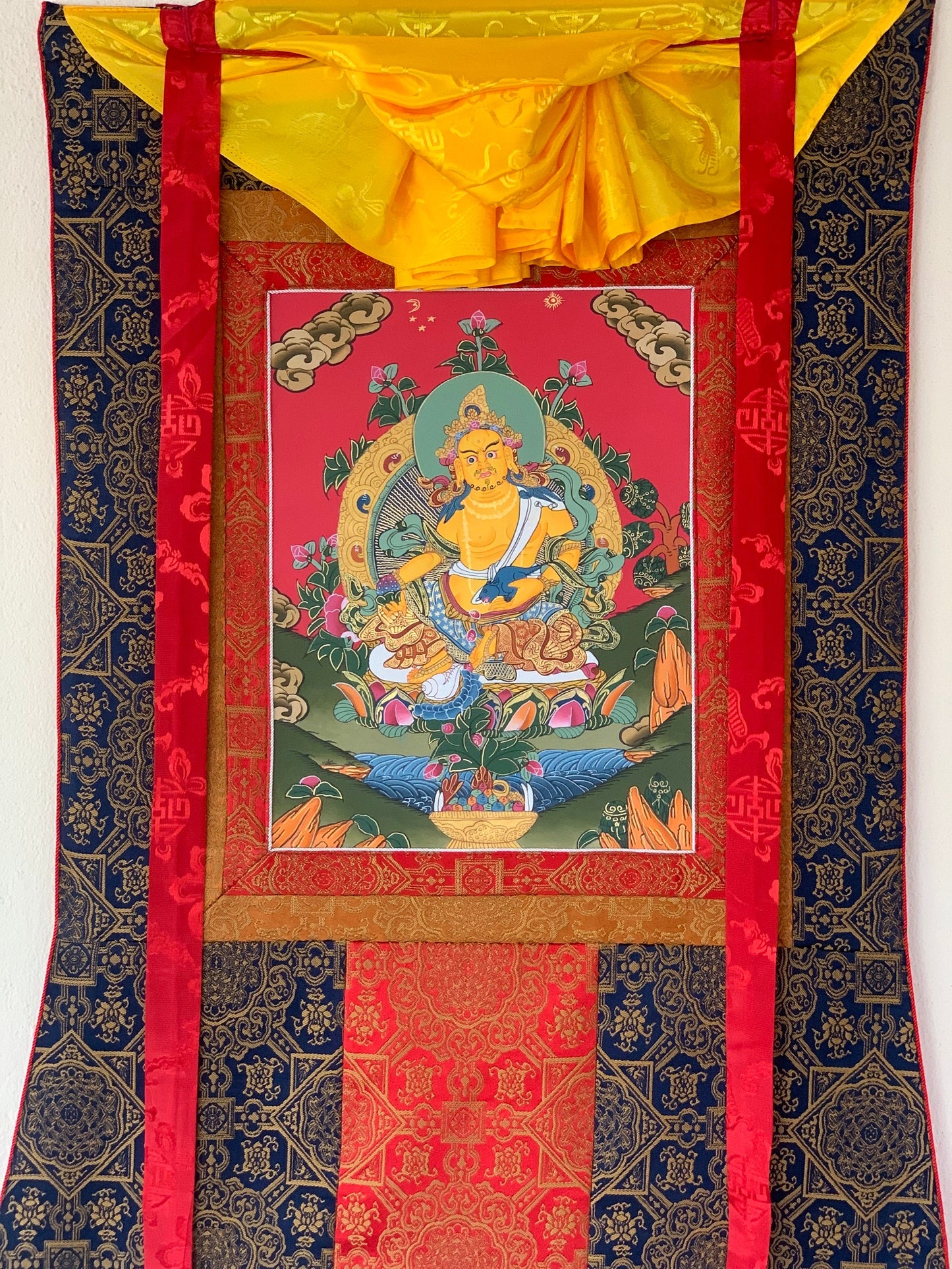 Jambhala,  Dzambhala, Dzambala, Zambala, Jambala, Tibetan Thangka Painting, Original Art  with Silk Frame