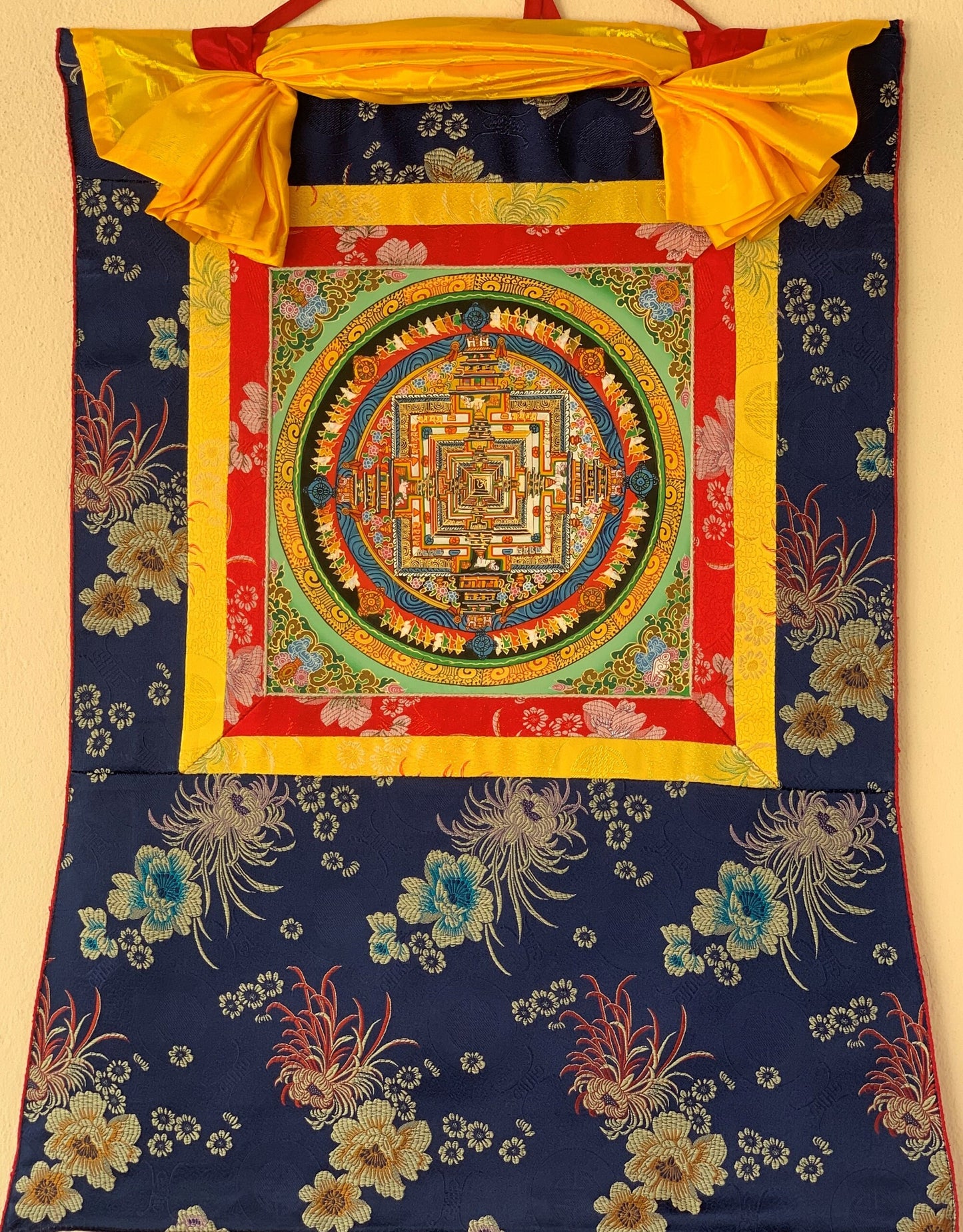 Kalachakra Mandala, Wheel of Life, Thangka Painting, Original Art, with Floral Silk Brocade