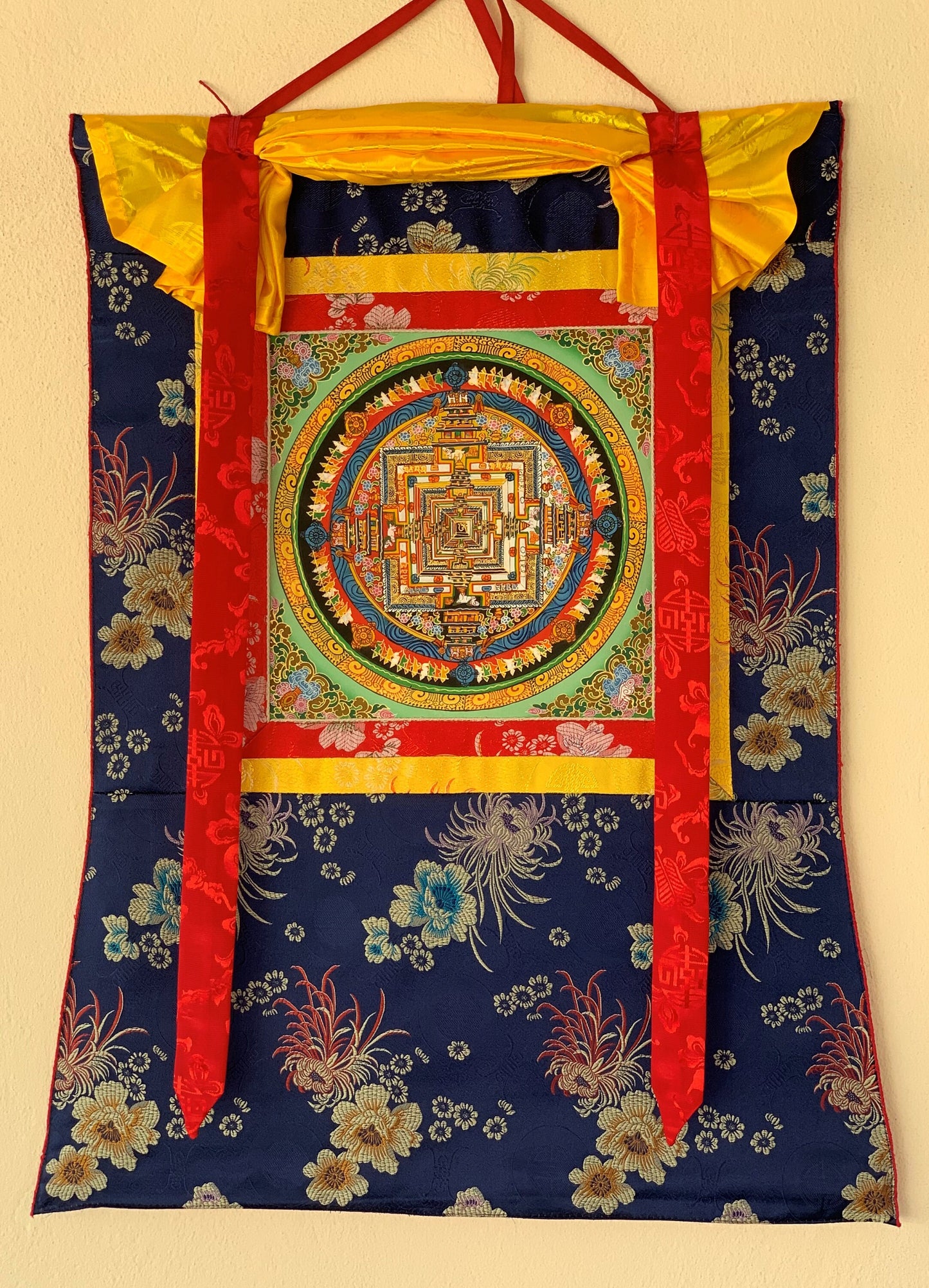 Kalachakra Mandala, Wheel of Life, Thangka Painting, Original Art, with Floral Silk Brocade