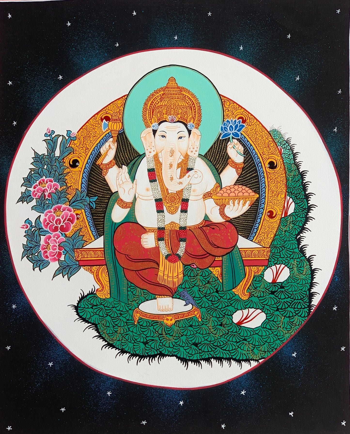 Lord Ganesha, Ganesh, Ganapati, Vinayaka, Thangka Painting, Hindu Buddhist, Original Art, Hand Painting with Silk Frame