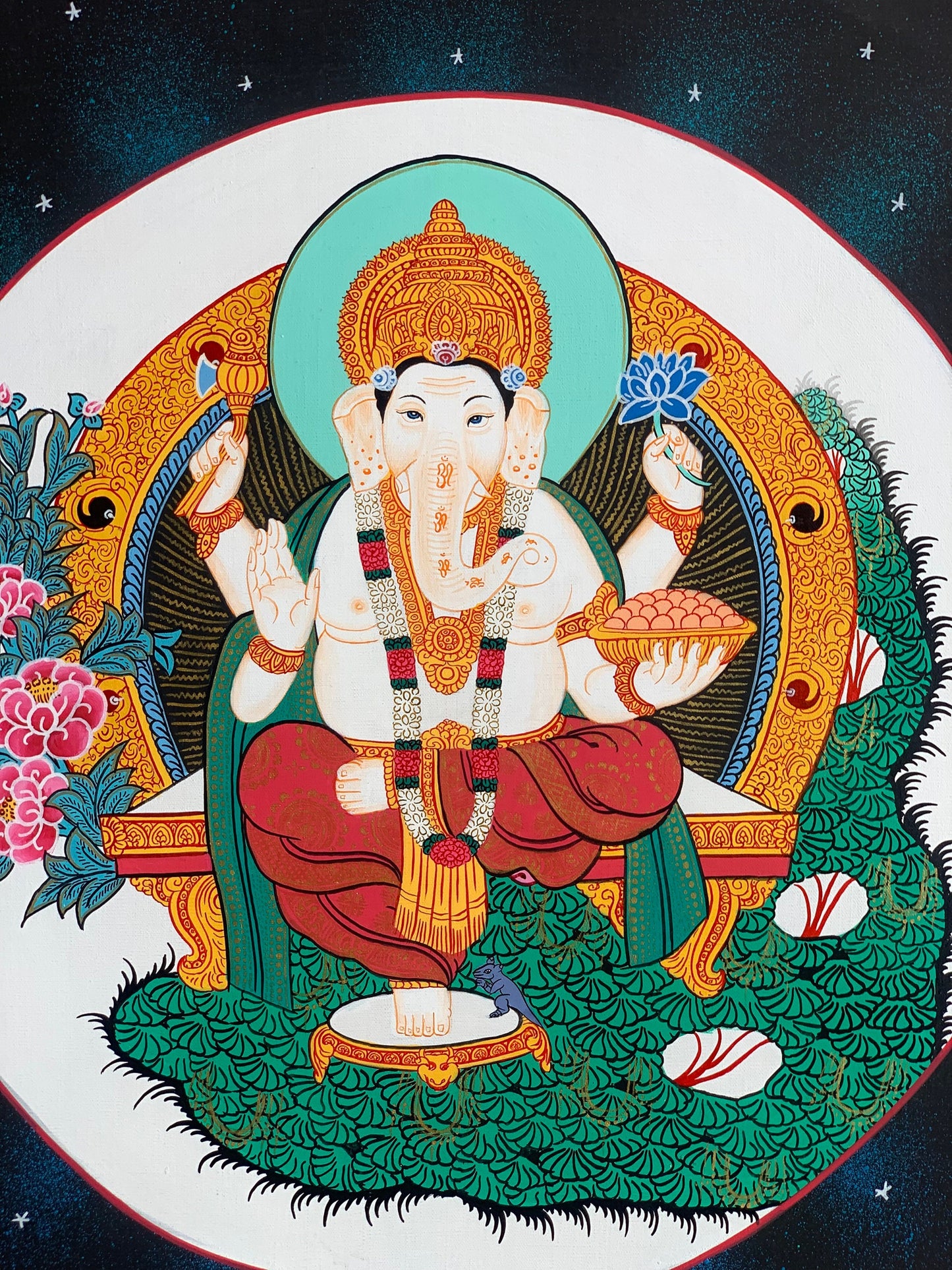 Lord Ganesha, Ganesh, Ganapati, Vinayaka, Thangka Painting, Hindu Buddhist, Original Art 11 x 14-Inches