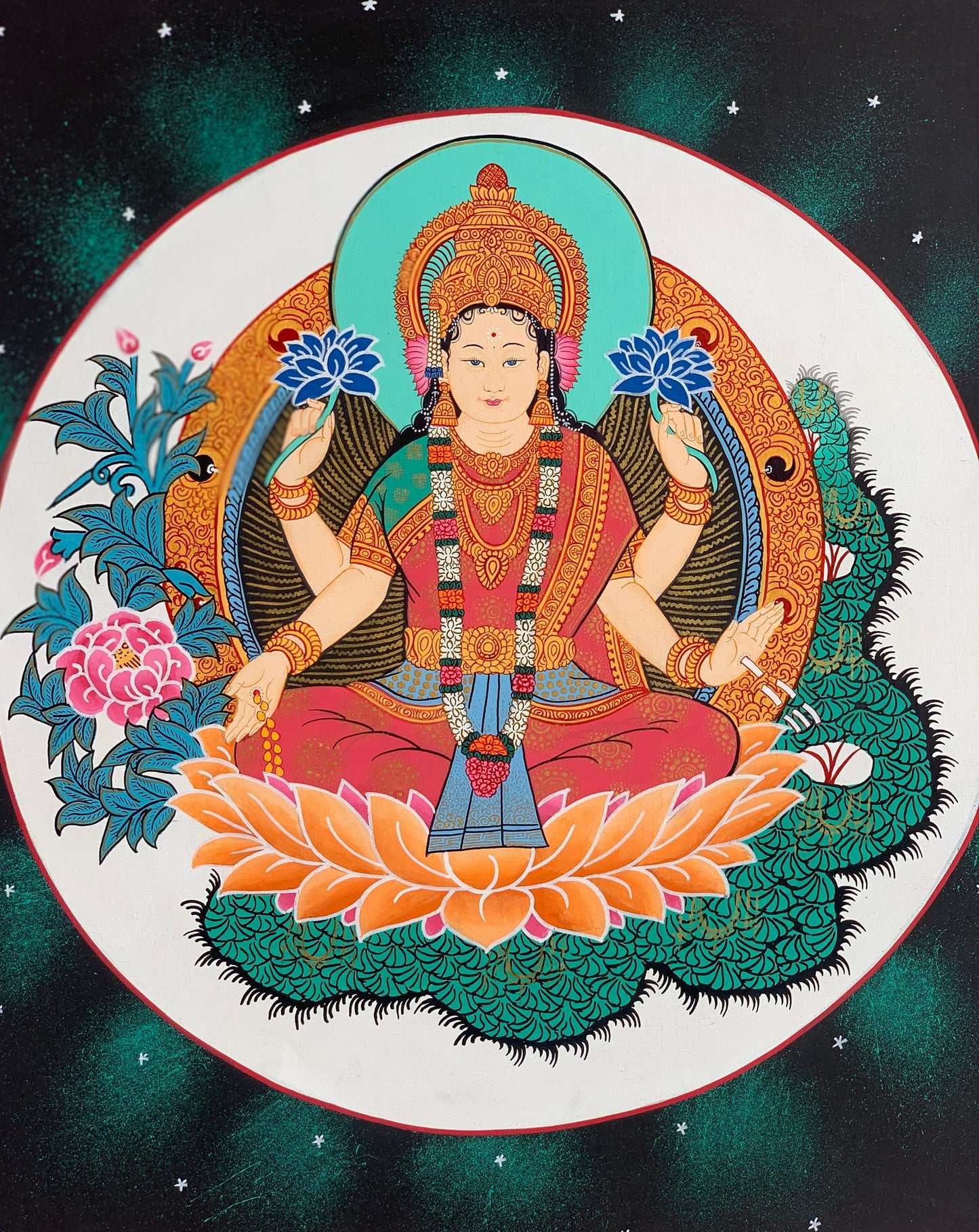 Goddess Laxmi, Asta Laxmi, Mahalaxmi, Thangka Painting, Original Hinudu Buddhist Art, 11 x 14- Inch