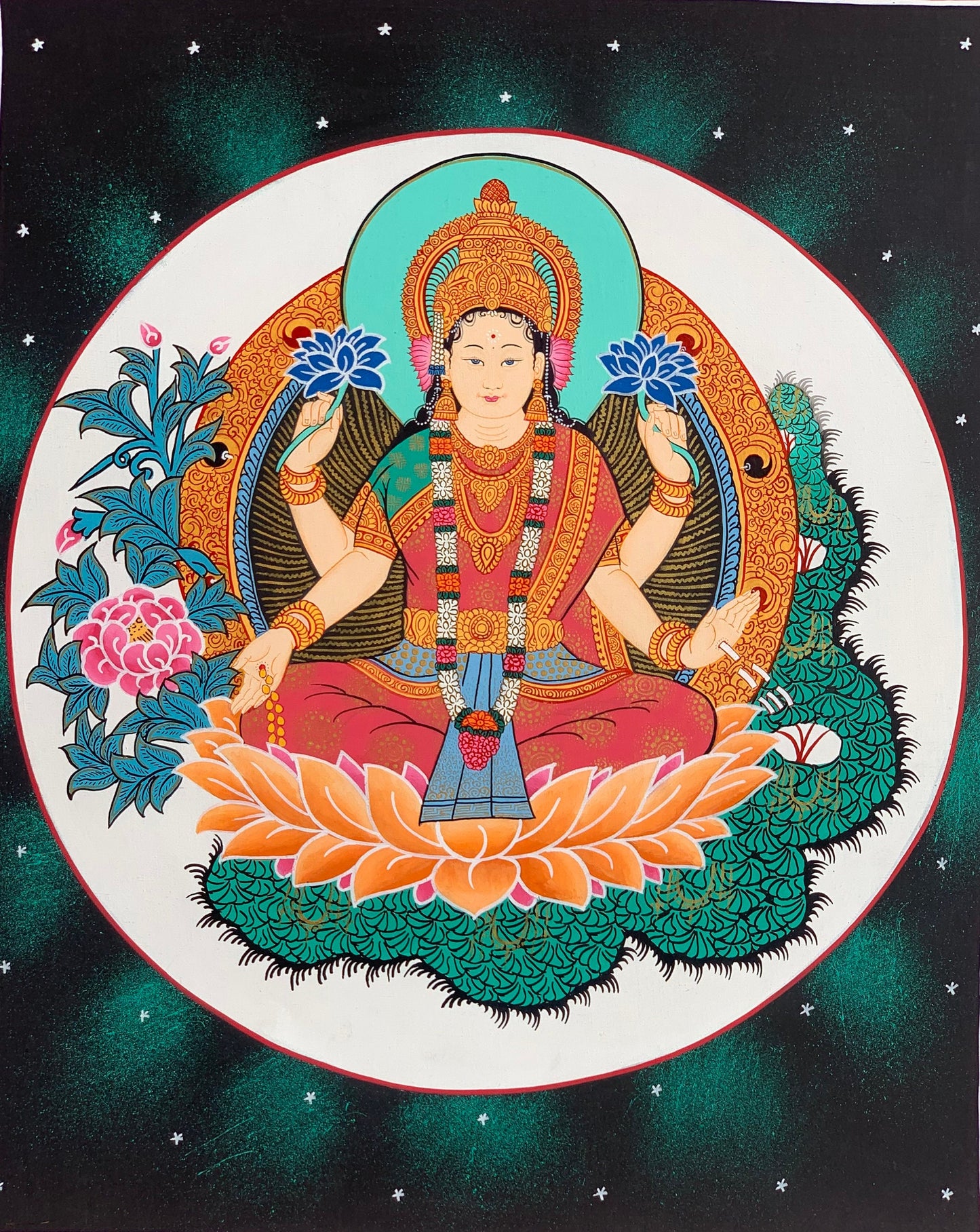 Goddess Laxmi, Asta Laxmi, Mahalaxmi, Thangka Painting, Original Hinudu Buddhist Art, 11 x 14- Inch