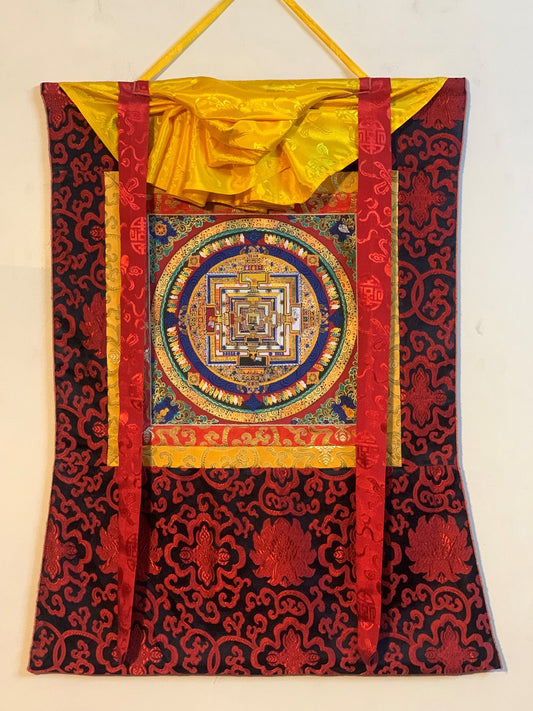 Kalachakra Mandala, Wheel of Life Tibetan Thangka Painting, Original Buddhist Meditation Art with Silk Brocade