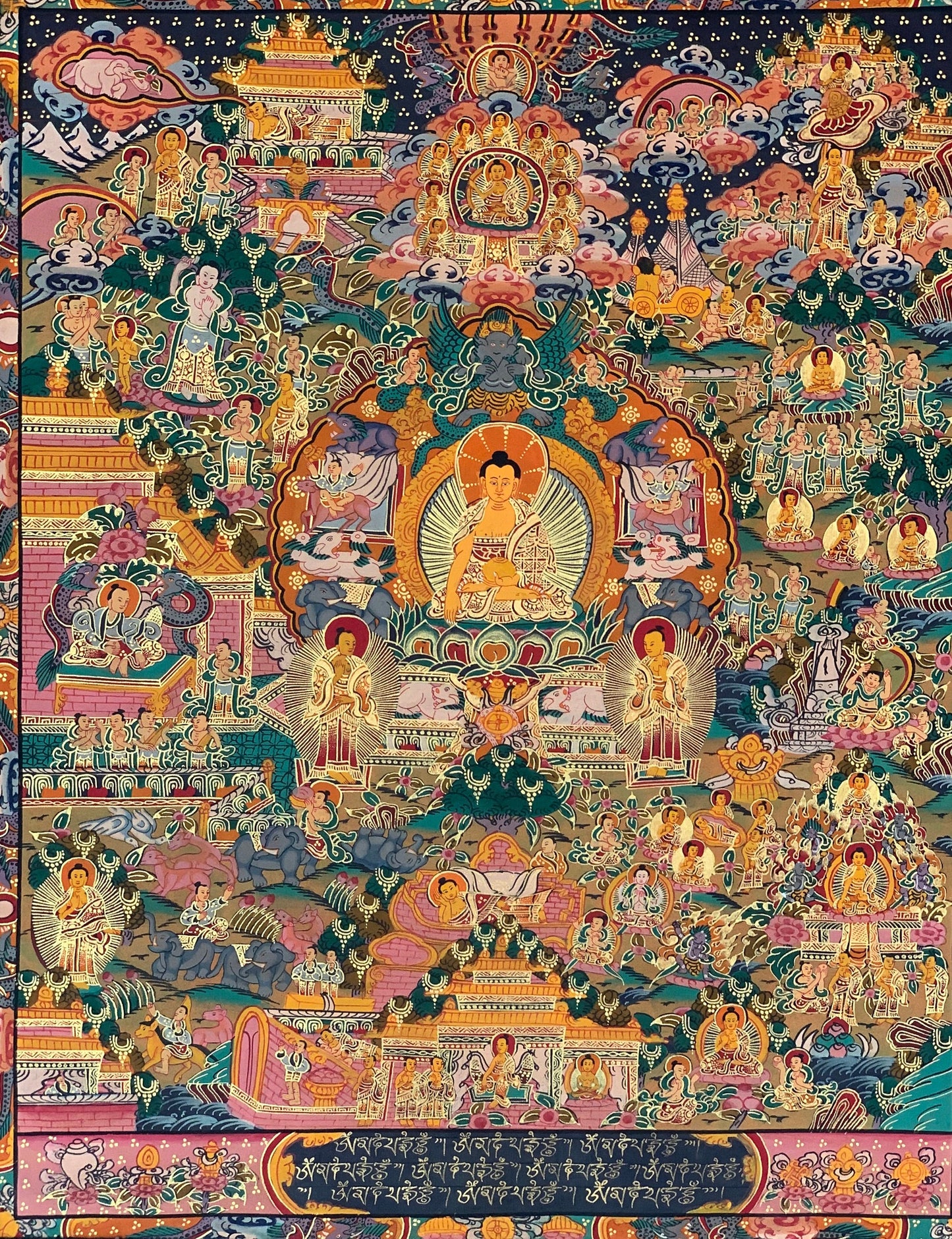 Buddha Life/  Wheel of Life/ Bhavacakra Mandala Tibetan Thangka Painting, Original Art  with Silk Brocade