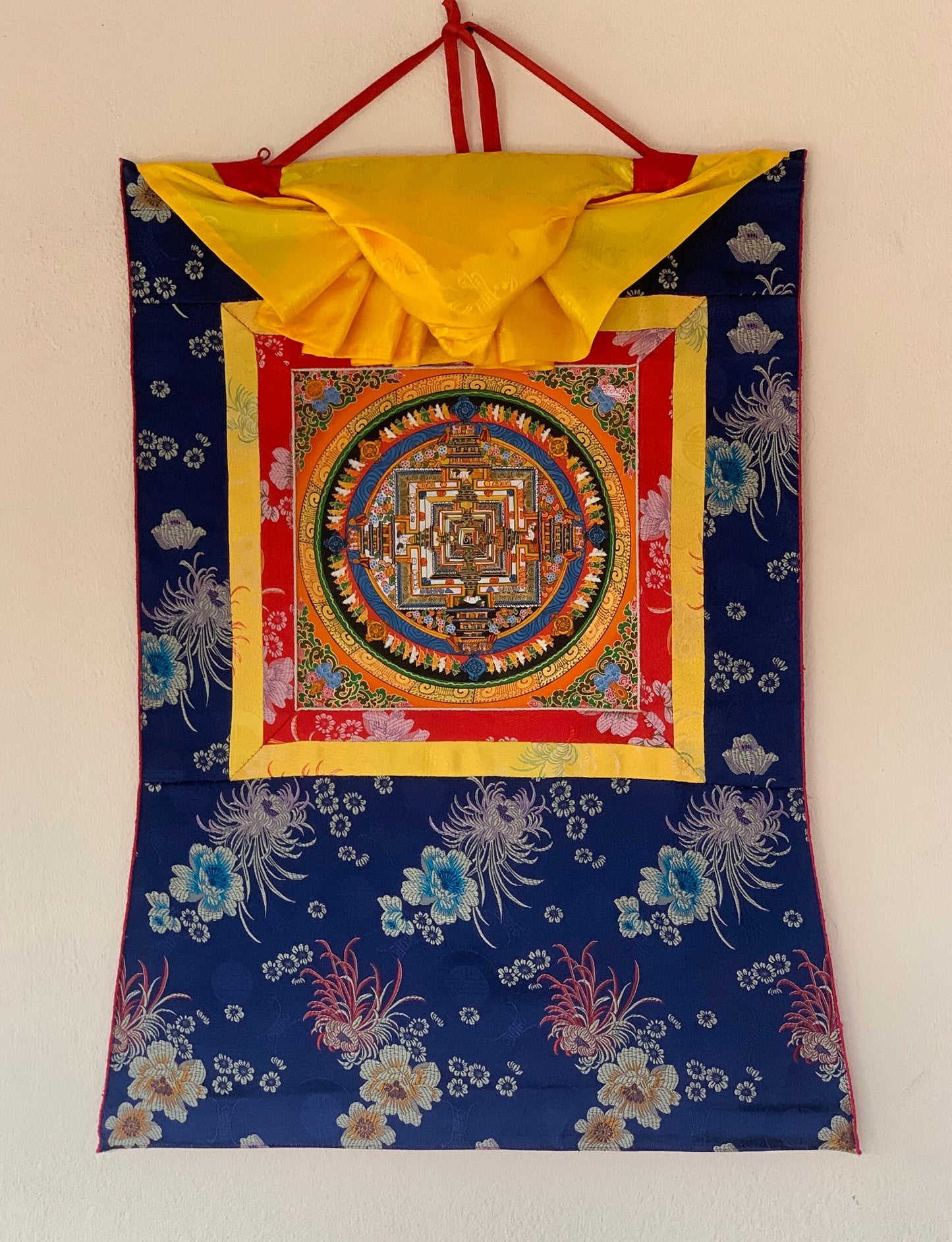 Kalachakra Mandala, Wheel of Life, Thangka Painting, Original Art, with Floral Silk Brocade