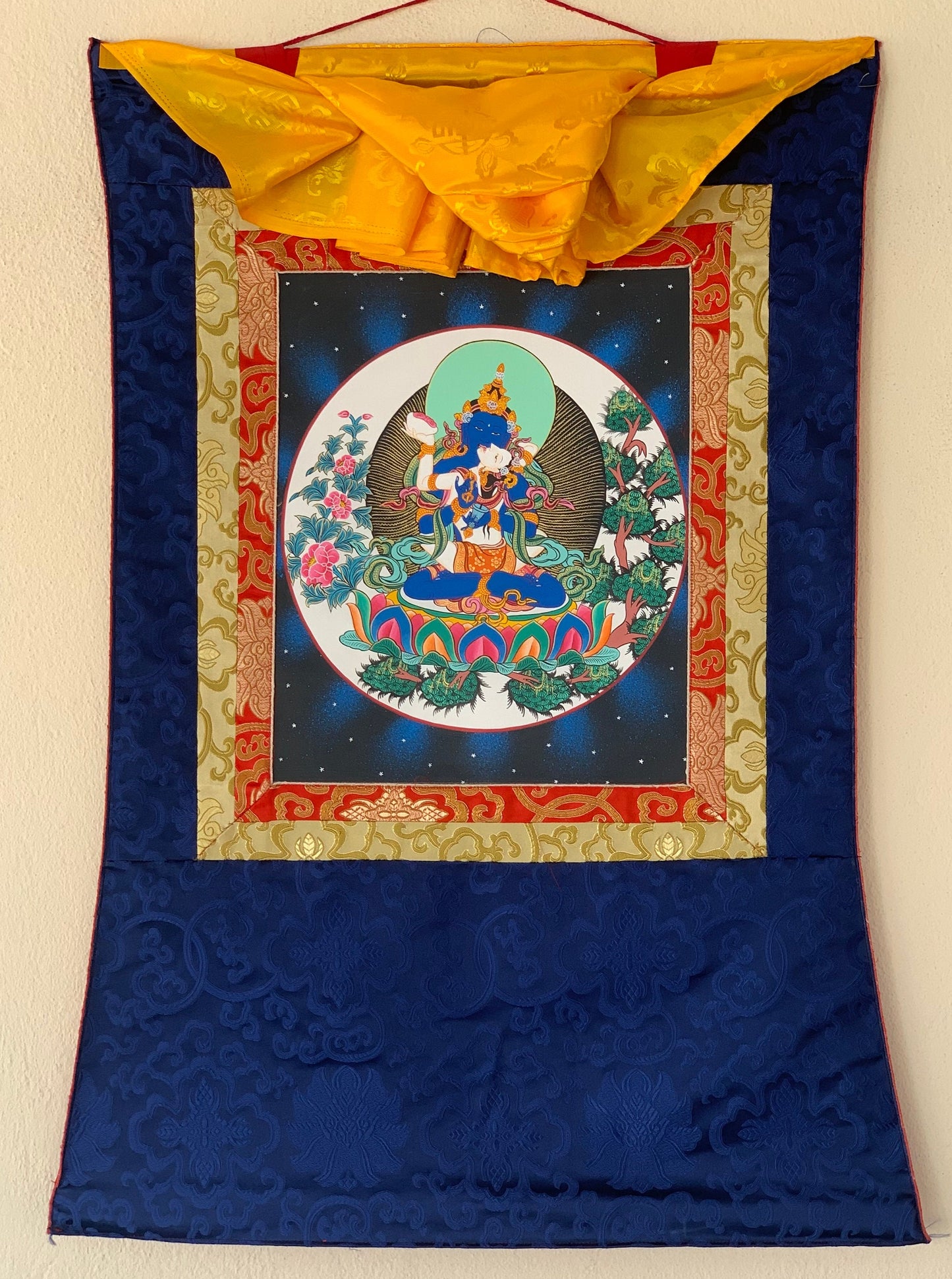 Hand Painted Vajradhara Shakti  Prajnaparamita, YabYum, Tibetan  Thangka Painting, Original Art with  Silk Brocade