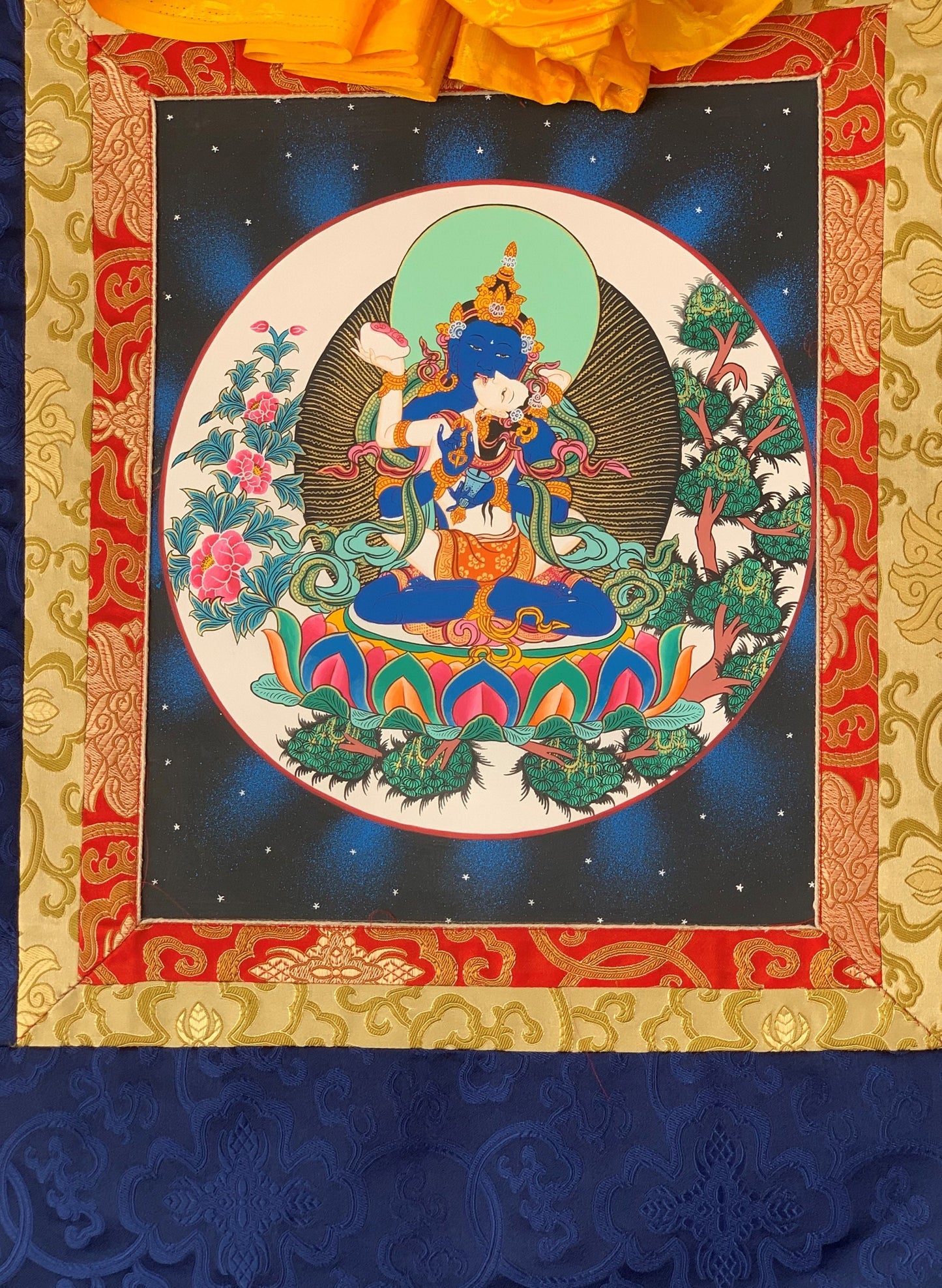 Hand Painted Vajradhara Shakti  Prajnaparamita, YabYum, Tibetan  Thangka Painting, Original Art with  Silk Brocade