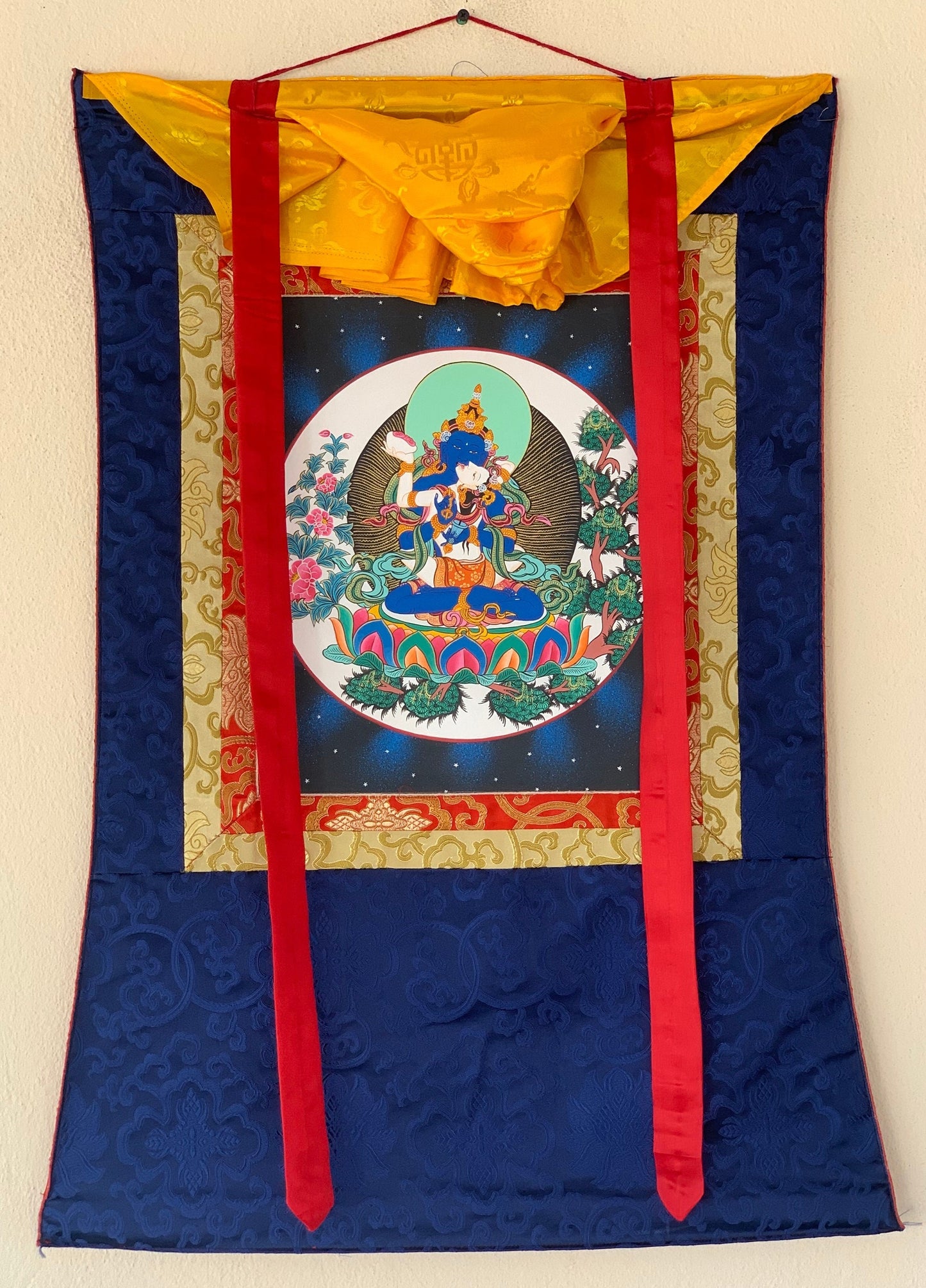 Hand Painted Vajradhara Shakti  Prajnaparamita, YabYum, Tibetan  Thangka Painting, Original Art with  Silk Brocade