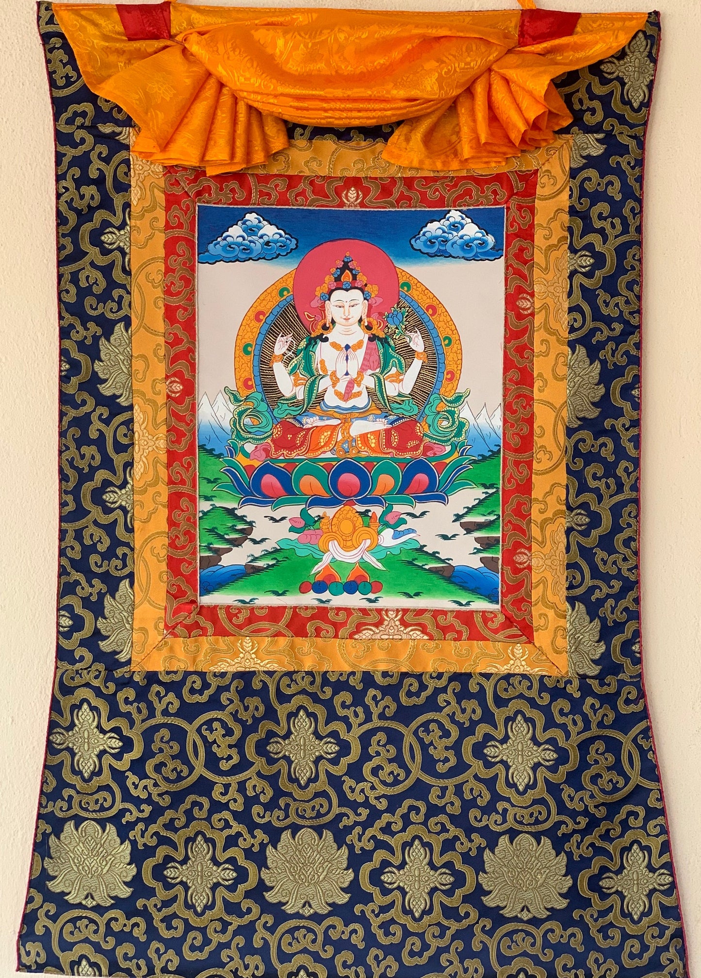 Avalokiteshvara, Lokeswor, Chyangresi, Chenrezig,  Thangka Painting with Silk Brocade