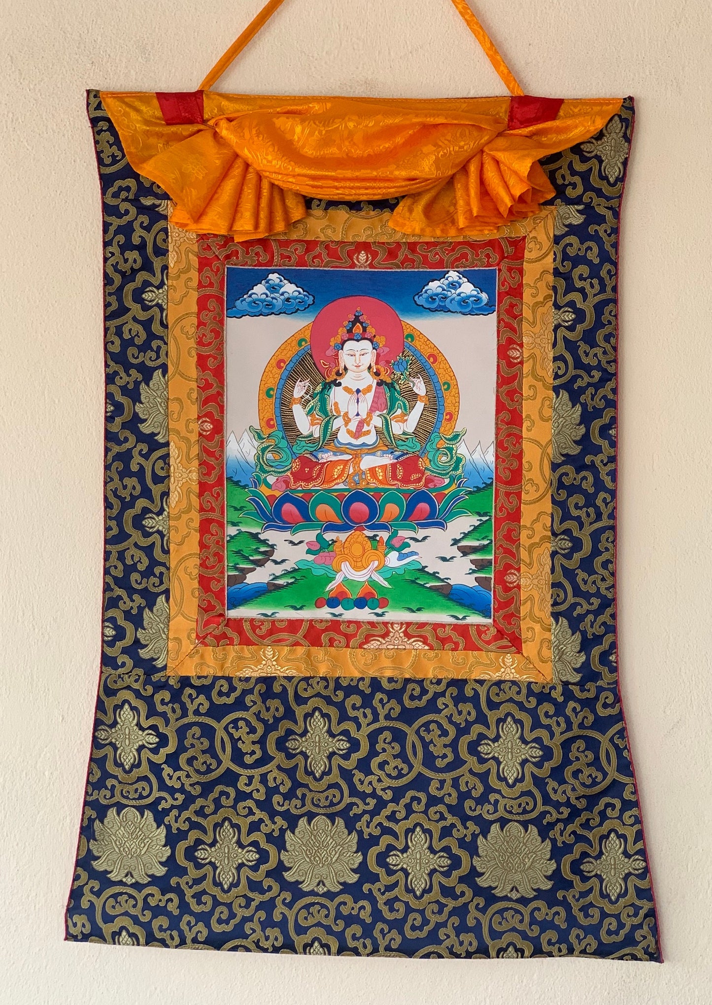 Avalokiteshvara, Lokeswor, Chyangresi, Chenrezig,  Thangka Painting with Silk Brocade