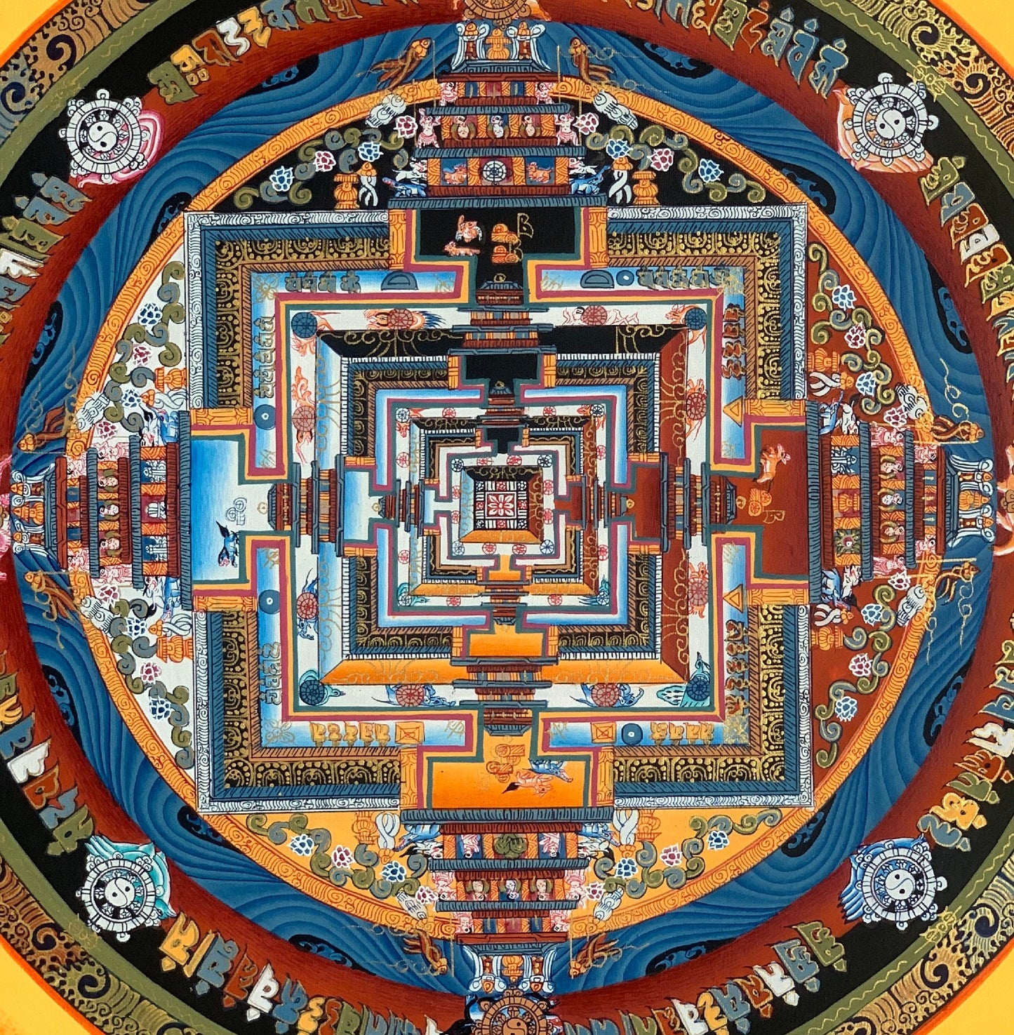 Wheel of Life, Kalachakra Mandala, Tibetan Thangka Painting, Original Art 13 x 13 Inch