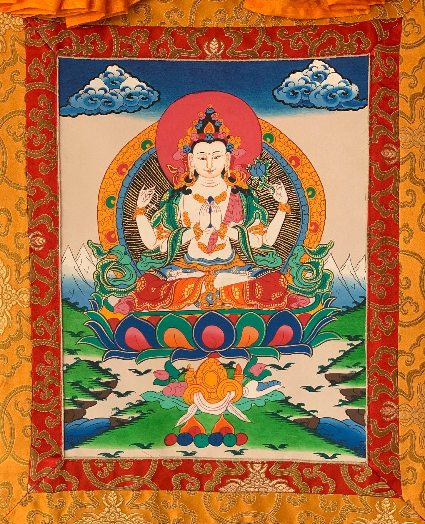 Avalokiteshvara, Lokeswor, Chyangresi, Chenrezig,  Thangka Painting with Silk Brocade