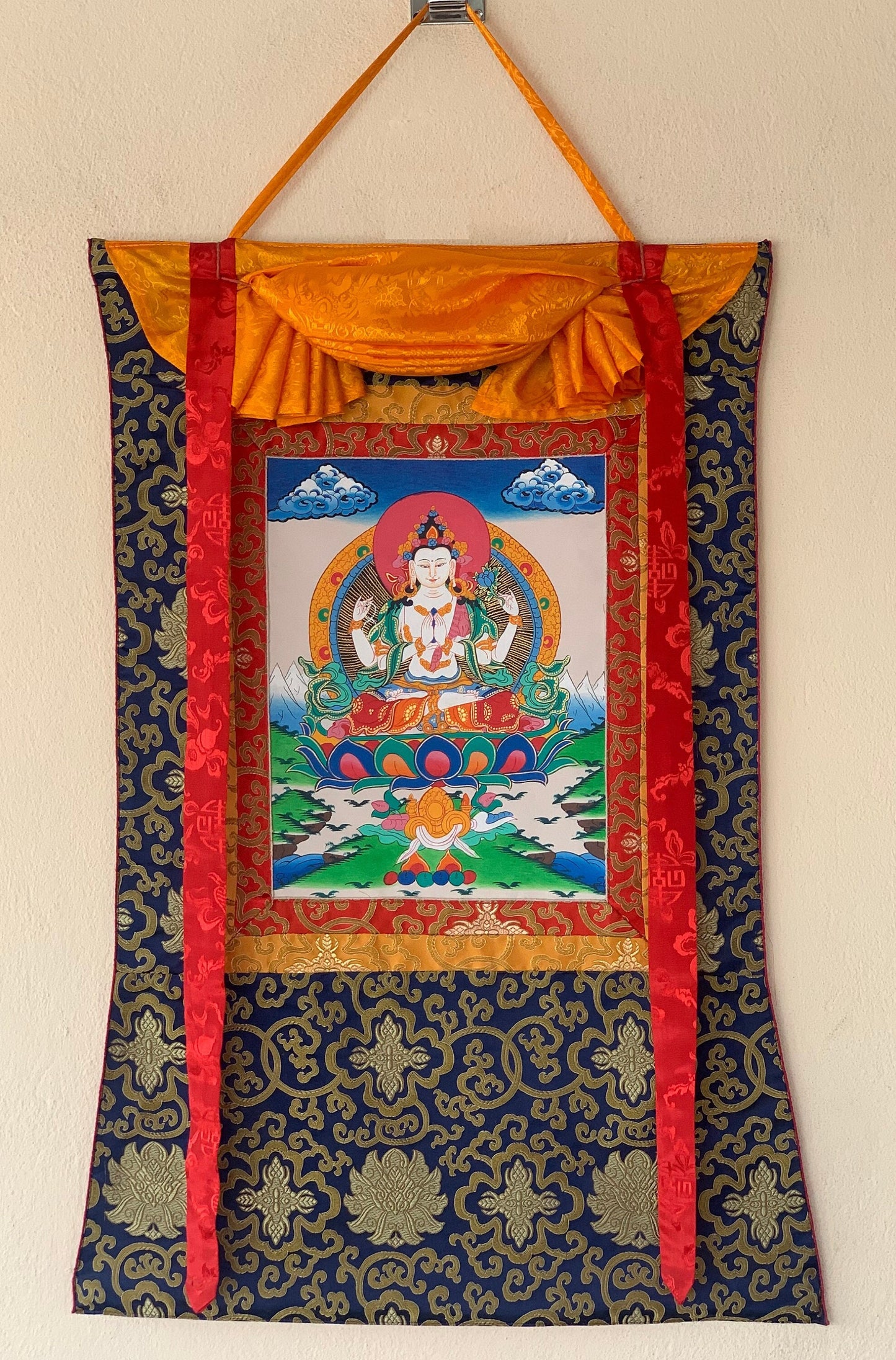 Avalokiteshvara, Lokeswor, Chyangresi, Chenrezig,  Thangka Painting with Silk Brocade