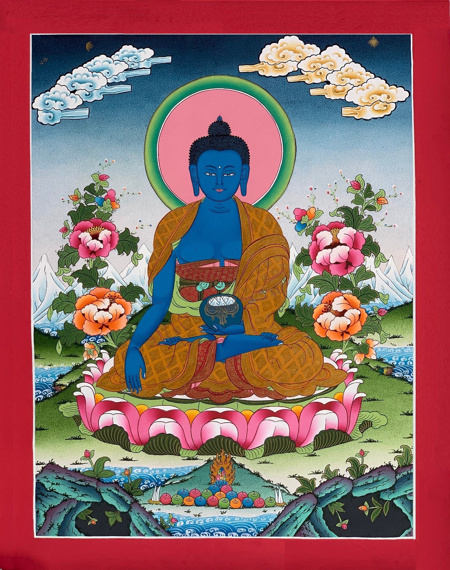 Medicine Buddha, Bhaisajyaguru, Master Quality Thangka Painting, Original Art  18 x 24- Inch