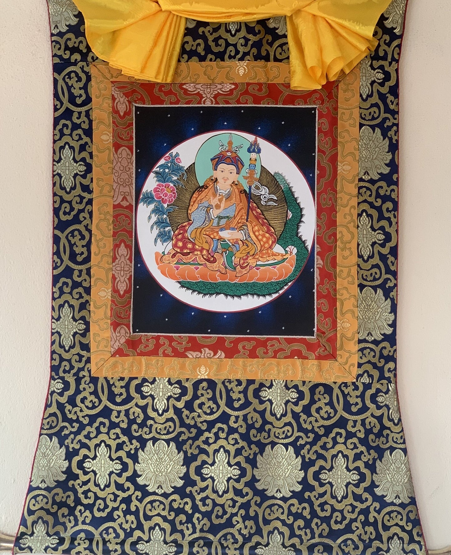 Padmasambhava, Guru Rinpoche, Thangka Painting, Original Art with Traditional Silk Brocade