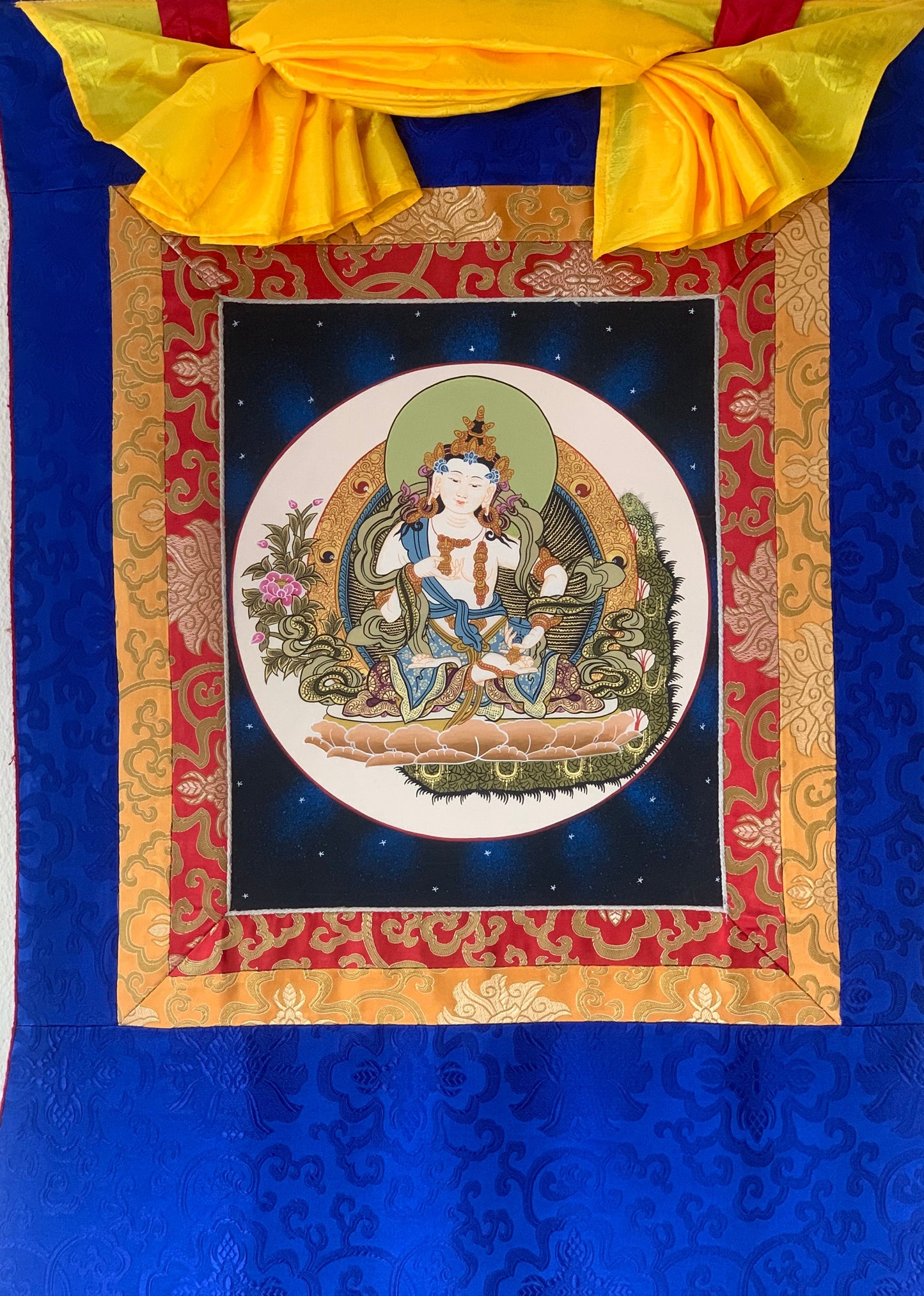 Vajrasattva, Dorje Sempa, Dhyani Buddha, Tibetan Thangka Painting, Original Art Framed with Silk