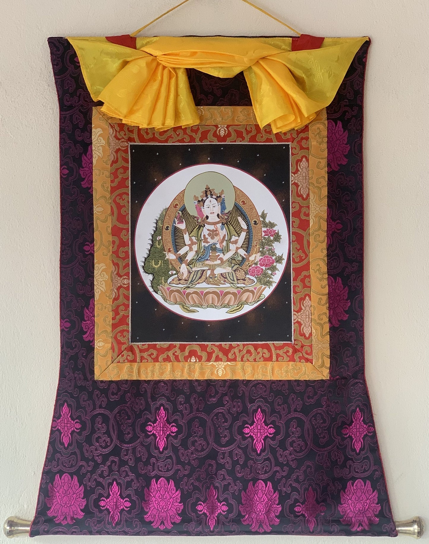 Basundhara, Namgyalma, Dakini of Longevity, Thangka Painting, Original Art, Bordered with Silk