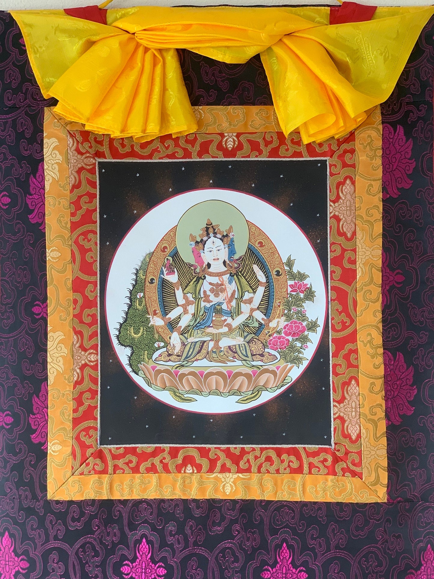 Basundhara, Namgyalma, Dakini of Longevity, Thangka Painting, Original Art, Bordered with Silk