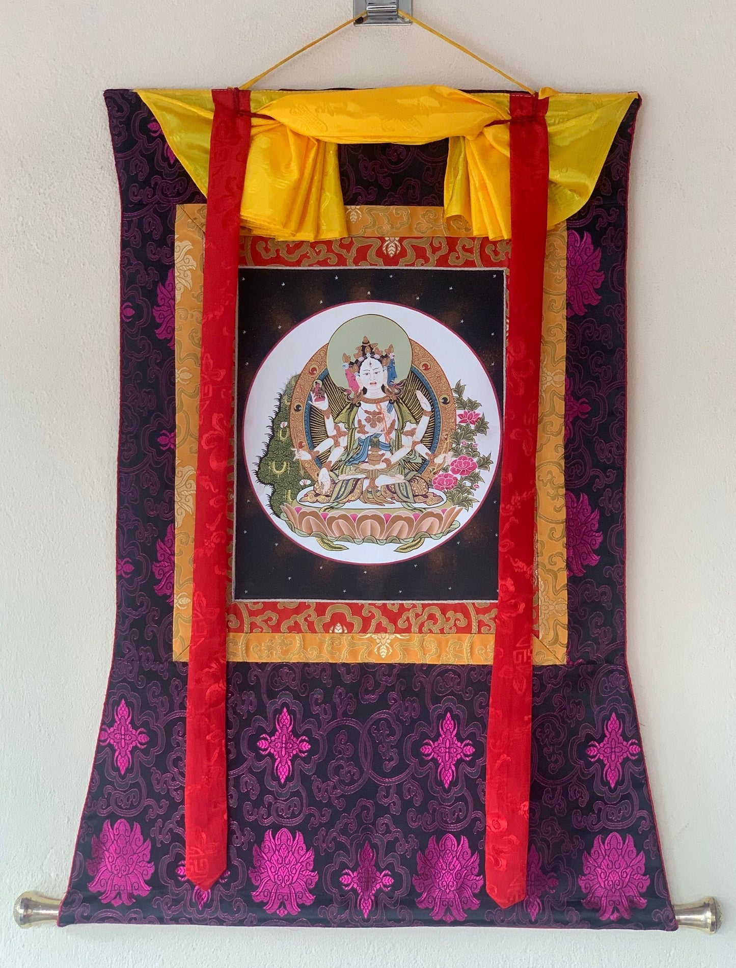 Basundhara, Namgyalma, Dakini of Longevity, Thangka Painting, Original Art, Bordered with Silk