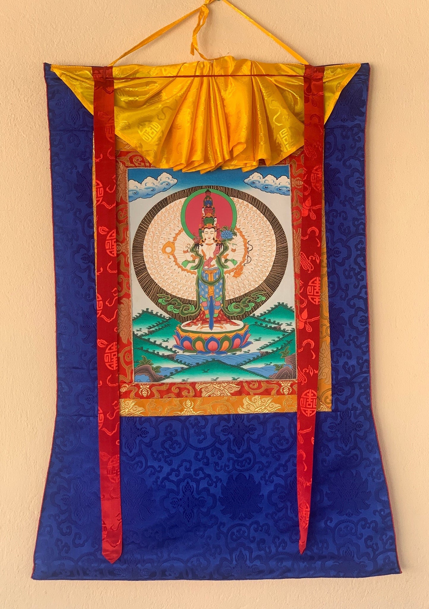 1000 Armed Avalokitesvara, Chyangresi, Chenrezig, Tibetan Thangka Painting, Original Art, with Silk Frame