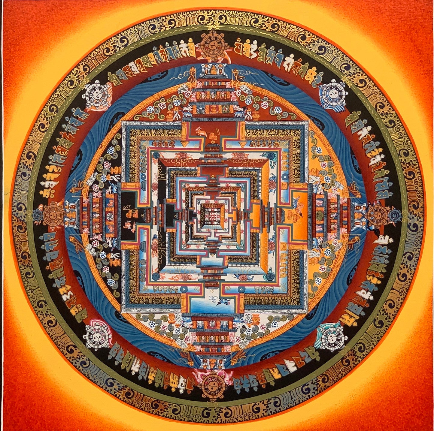 Wheel of Life, Kalachakra Mandala, Tibetan Thangka Painting, Original Art 13 x 13 Inch