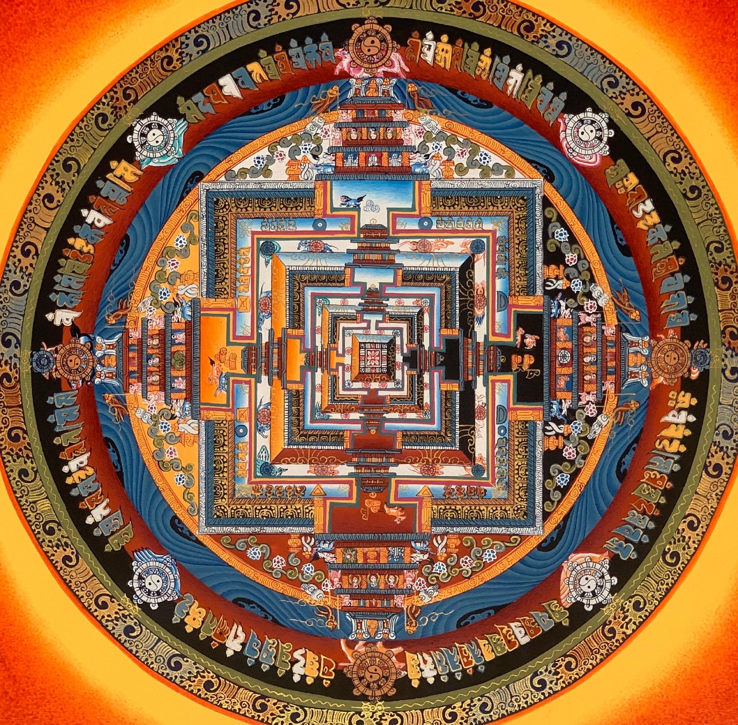 Wheel of Life, Kalachakra Mandala, Tibetan Thangka Painting, Original Art 13 x 13 Inch