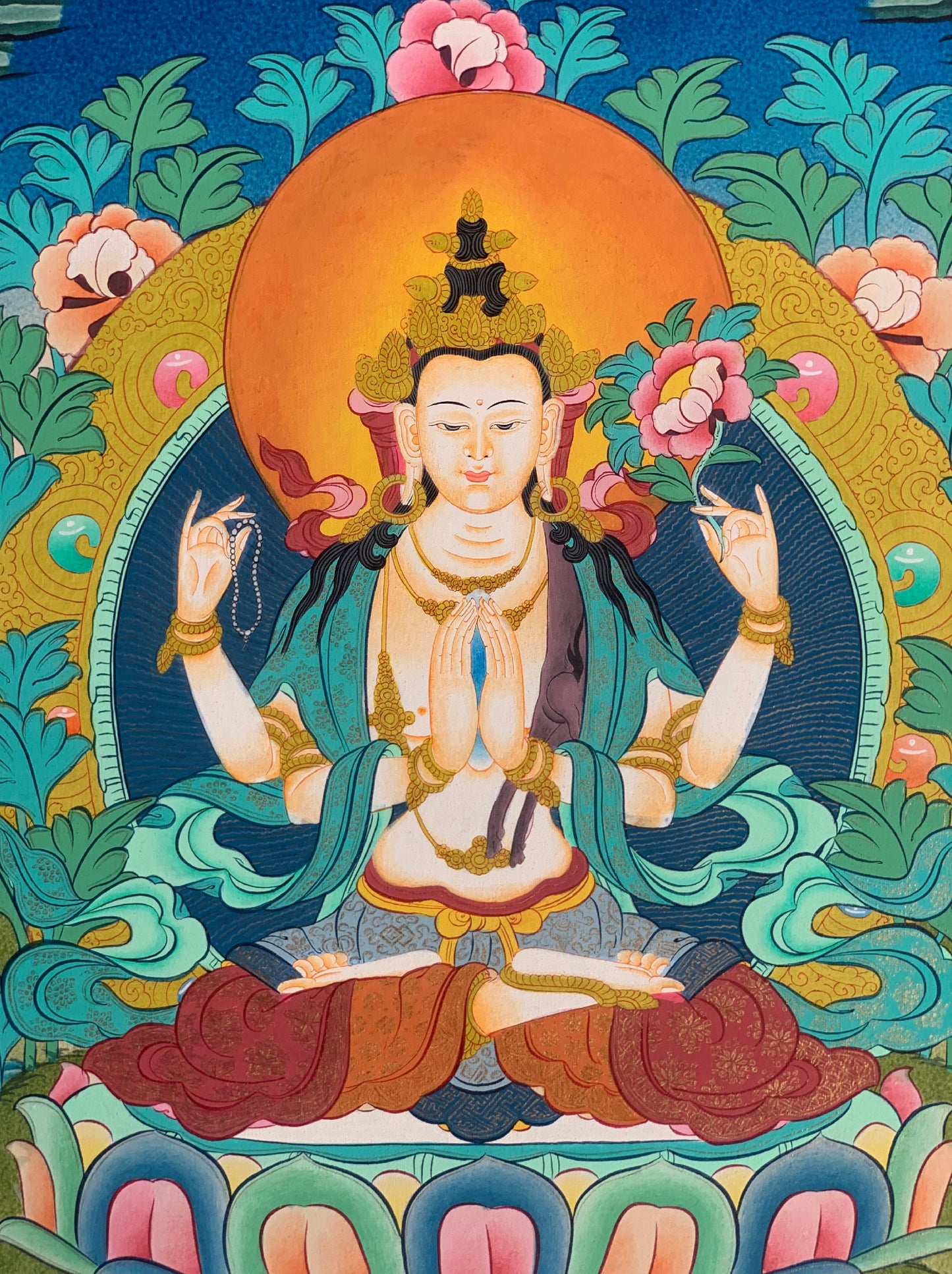 Avalokiteshvara/Chyangresi/ Chenrezig Master Quality Tibetan Thangka Painting Original Meditation Art 14 x 20 Inch