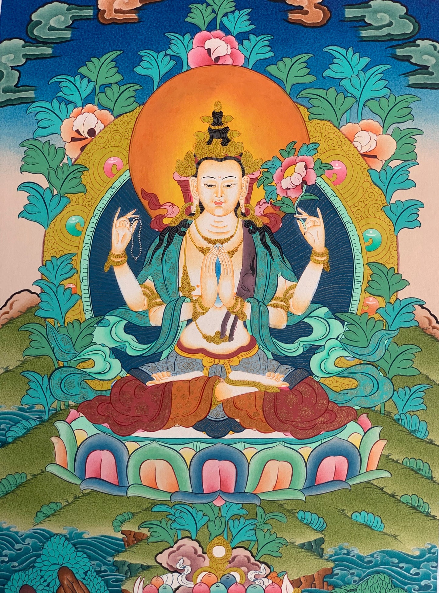 Avalokiteshvara/Chyangresi/ Chenrezig Master Quality Tibetan Thangka Painting Original Meditation Art 14 x 20 Inch