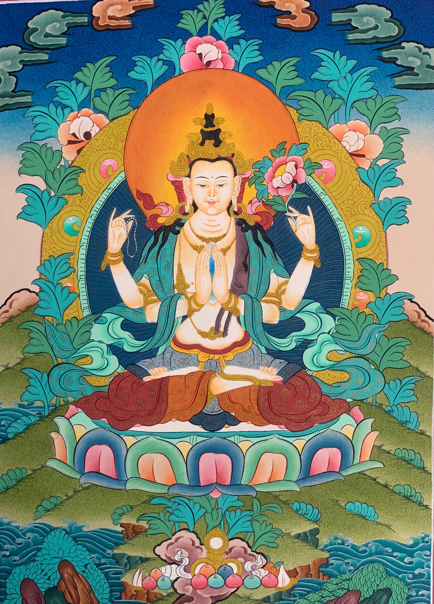 Avalokiteshvara/Chyangresi/ Chenrezig Master Quality Tibetan Thangka Painting Original Meditation Art 14 x 20 Inch