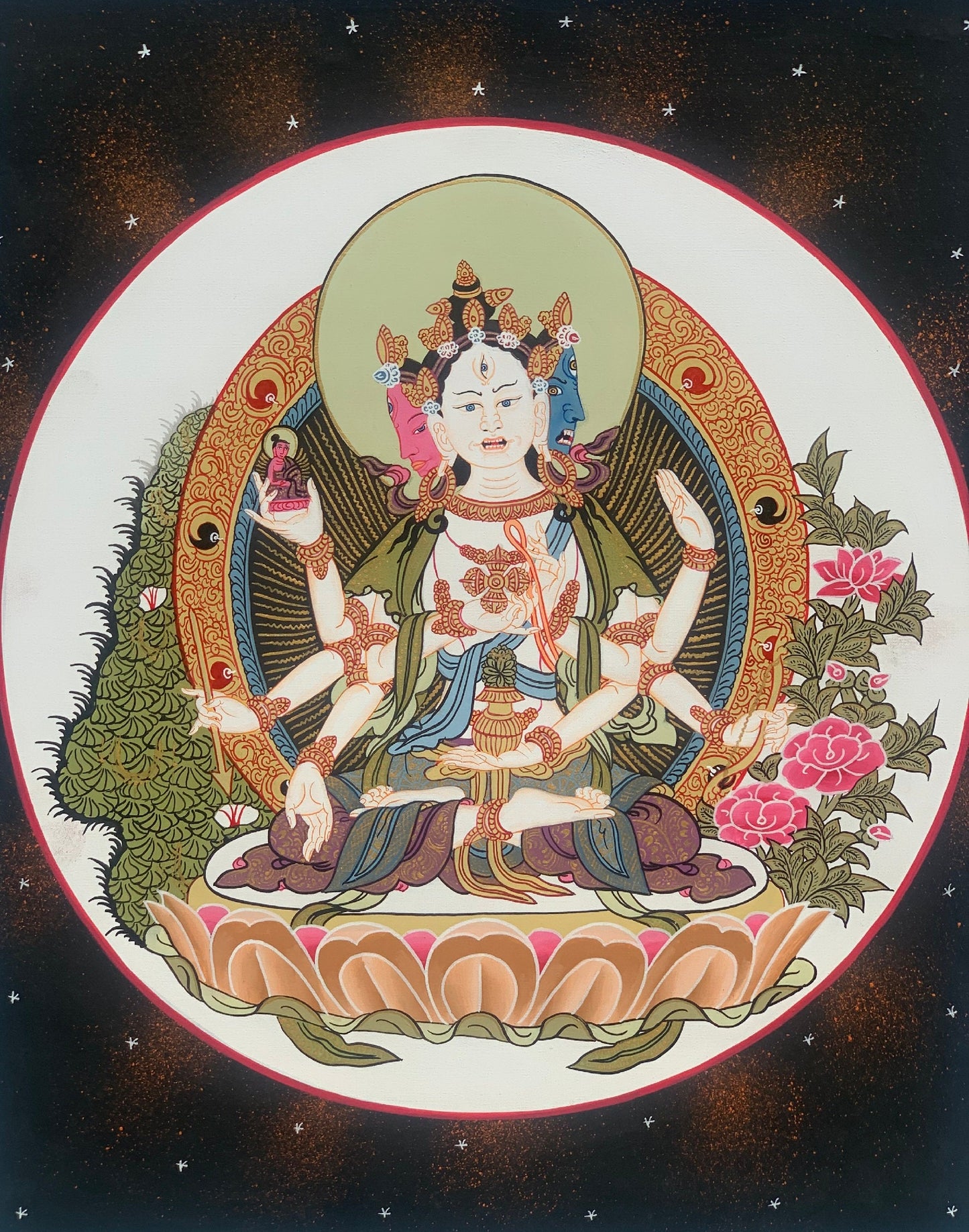 Basundhara, Namgyalma, Dakini of Longevity, Thangka Painting, Original Art, Bordered with Silk