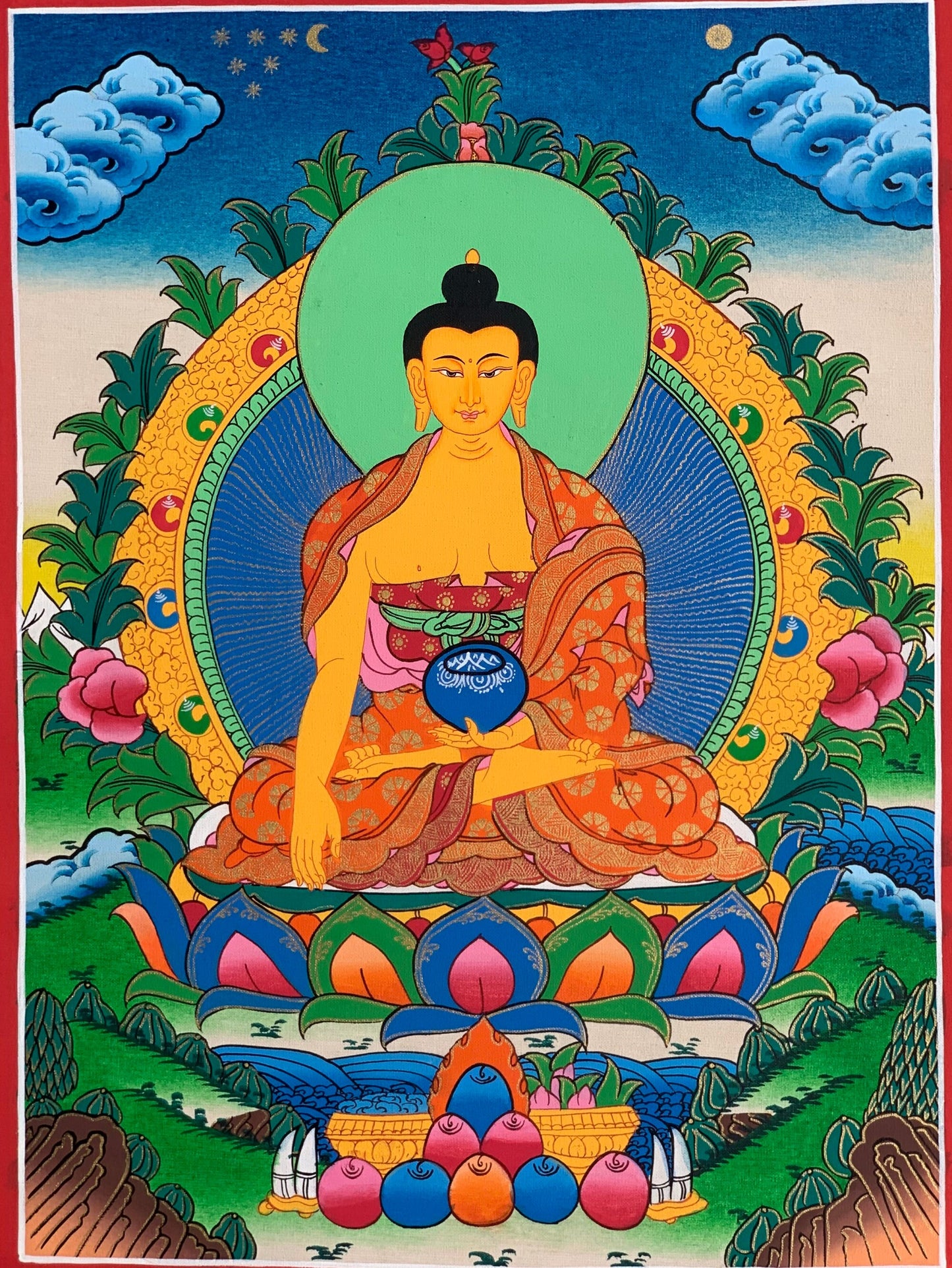 Shakyamuni, Siddhartha, Gautama, Buddha, Tibetan Thangka Painting, Original Art 11x15-Inches