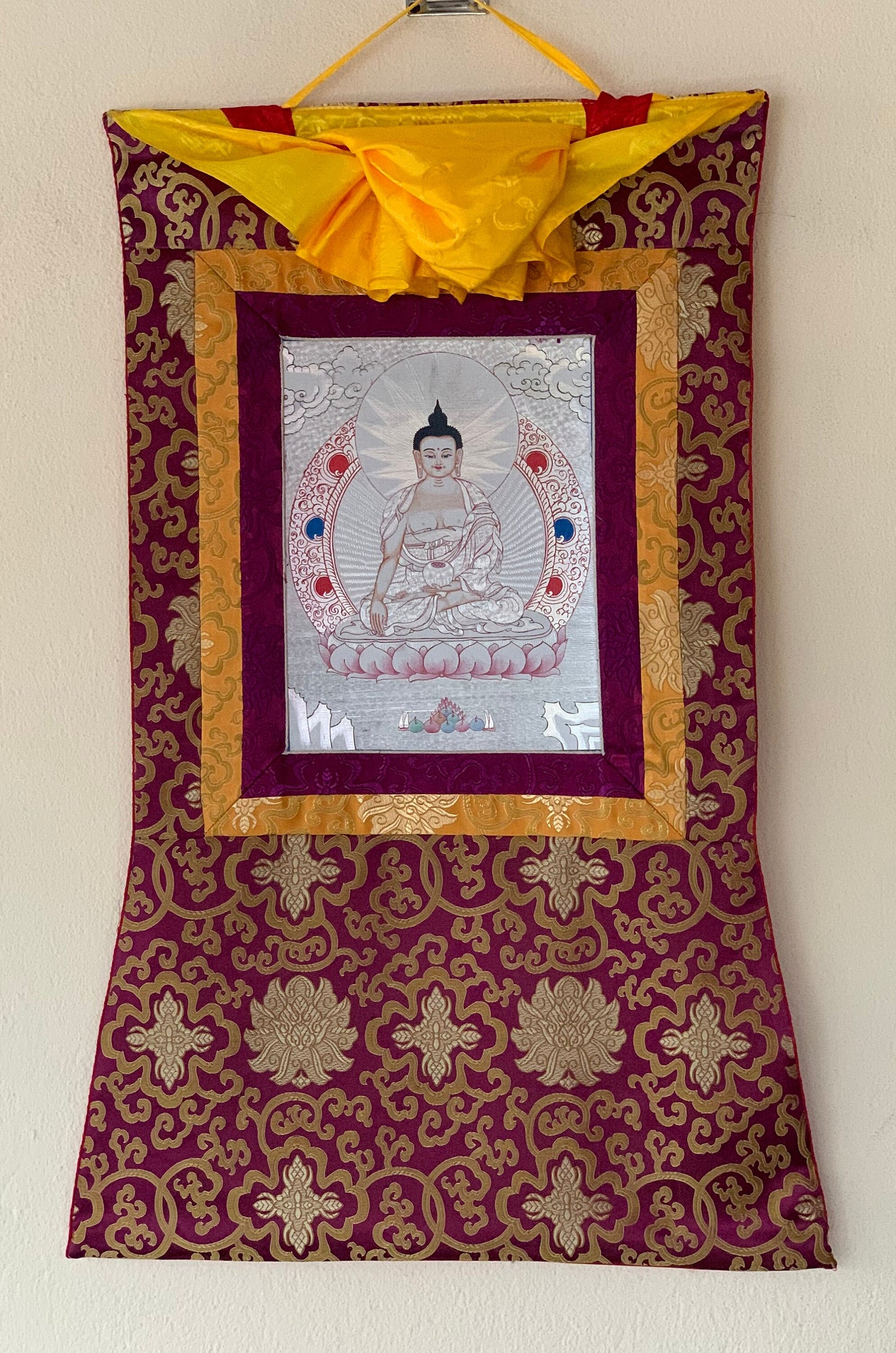 Shakyamuni, Gautama, Buddha Tibetan Silver, Thangka Painting, Original Art  with Silk Brocade