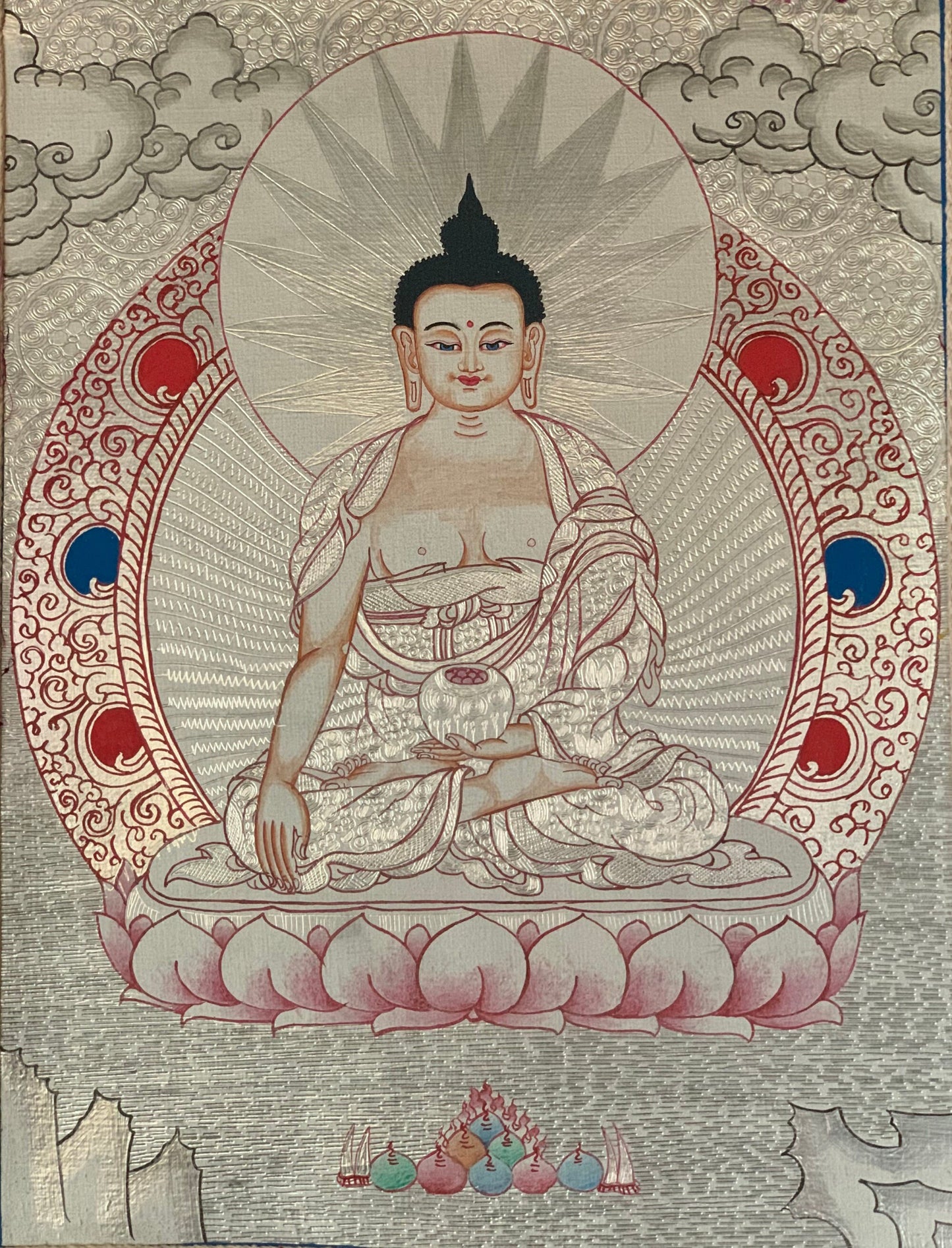 Shakyamuni, Gautama, Buddha Tibetan Silver, Thangka Painting, Original Art  with Silk Brocade