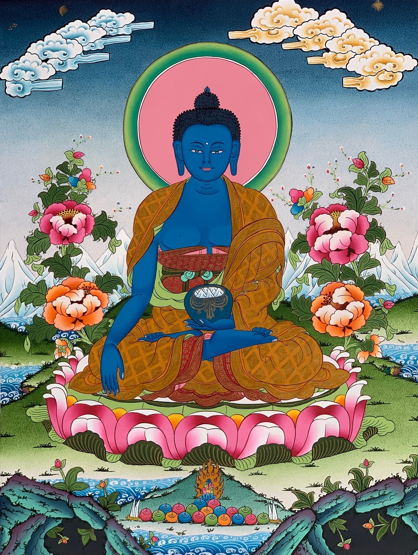 Medicine Buddha, Bhaisajyaguru, Master Quality Thangka Painting, Original Art  18 x 24- Inch